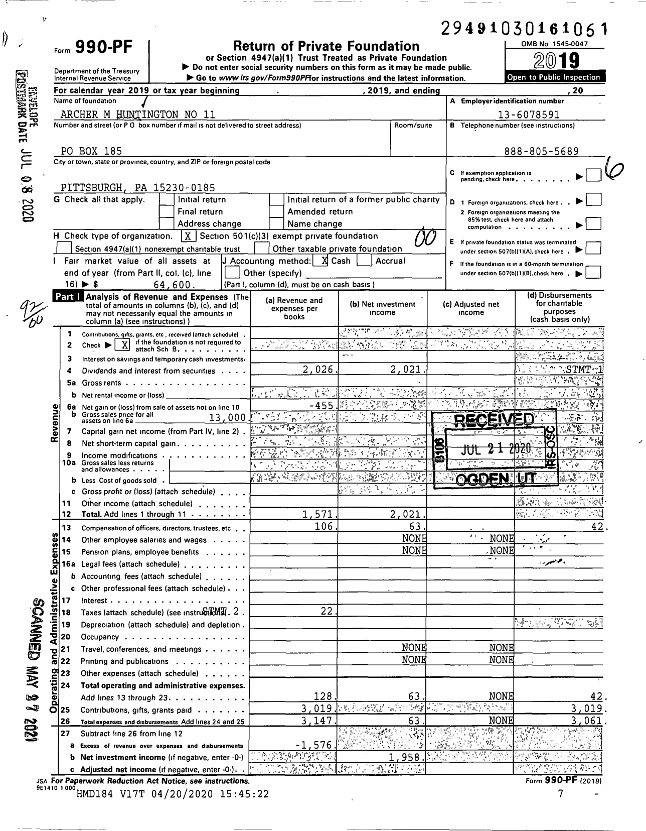 Image of first page of 2019 Form 990PF for Archer M Huntington No 11