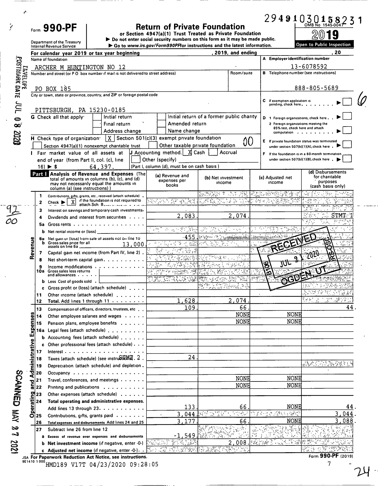 Image of first page of 2019 Form 990PF for Archer M Huntington No 12