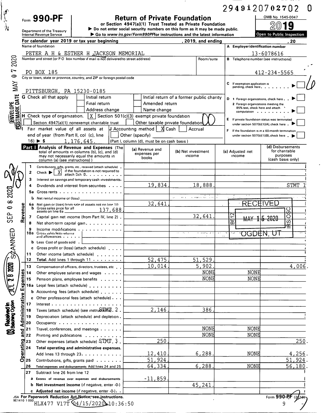 Image of first page of 2019 Form 990PR for Peter A H and Esther H Jackson Memorial