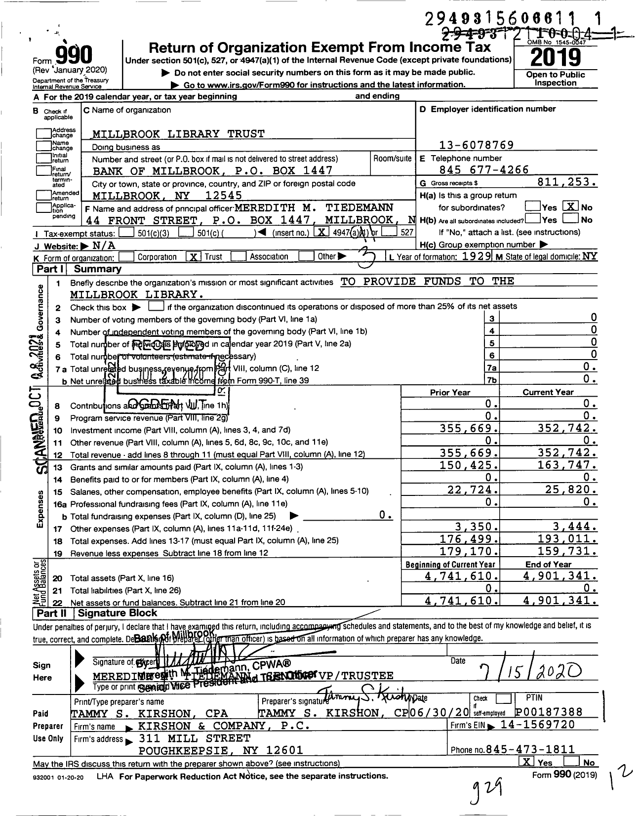 Image of first page of 2019 Form 990O for Millbrook Library Trust