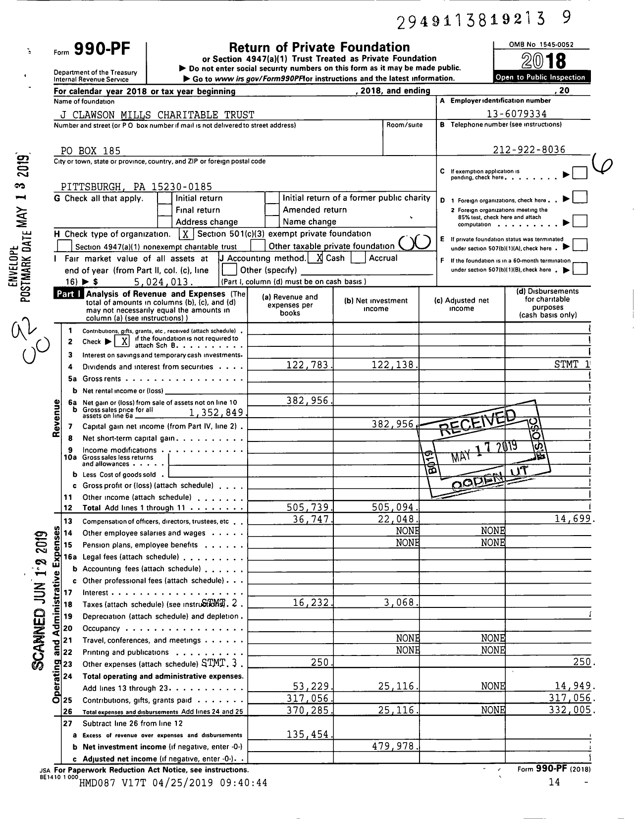 Image of first page of 2018 Form 990PF for J Clawson Mills Charitable Trust