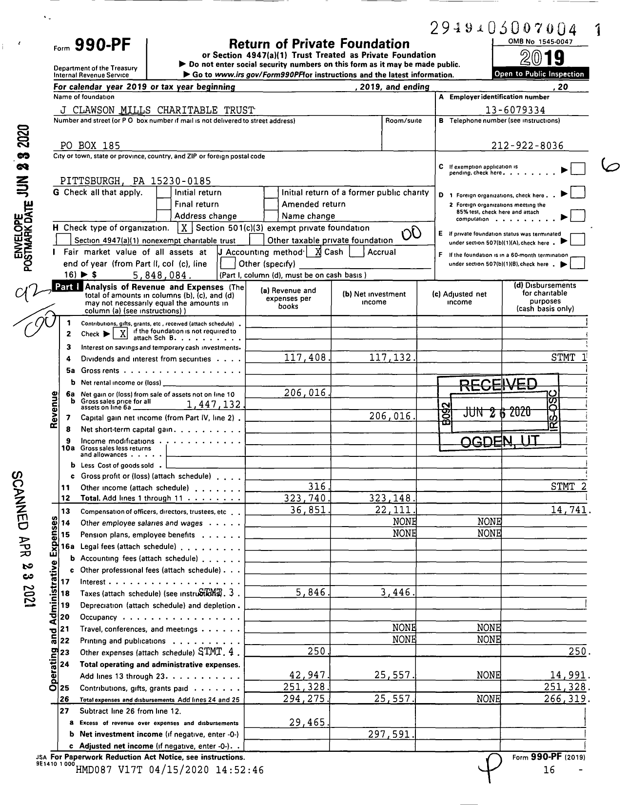 Image of first page of 2019 Form 990PF for J Clawson Mills Charitable Trust