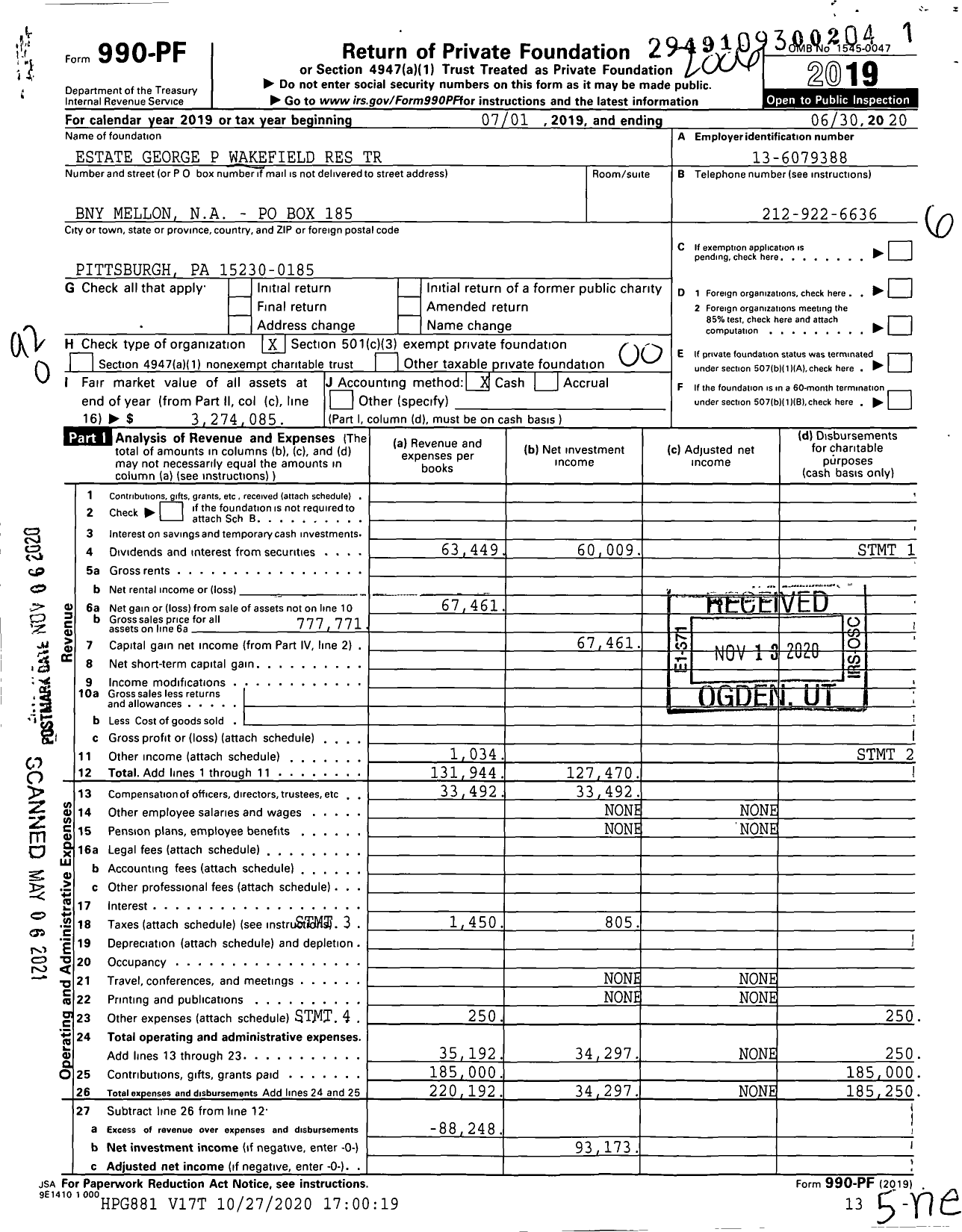 Image of first page of 2019 Form 990PF for Estate George P Wakefield Res Trust