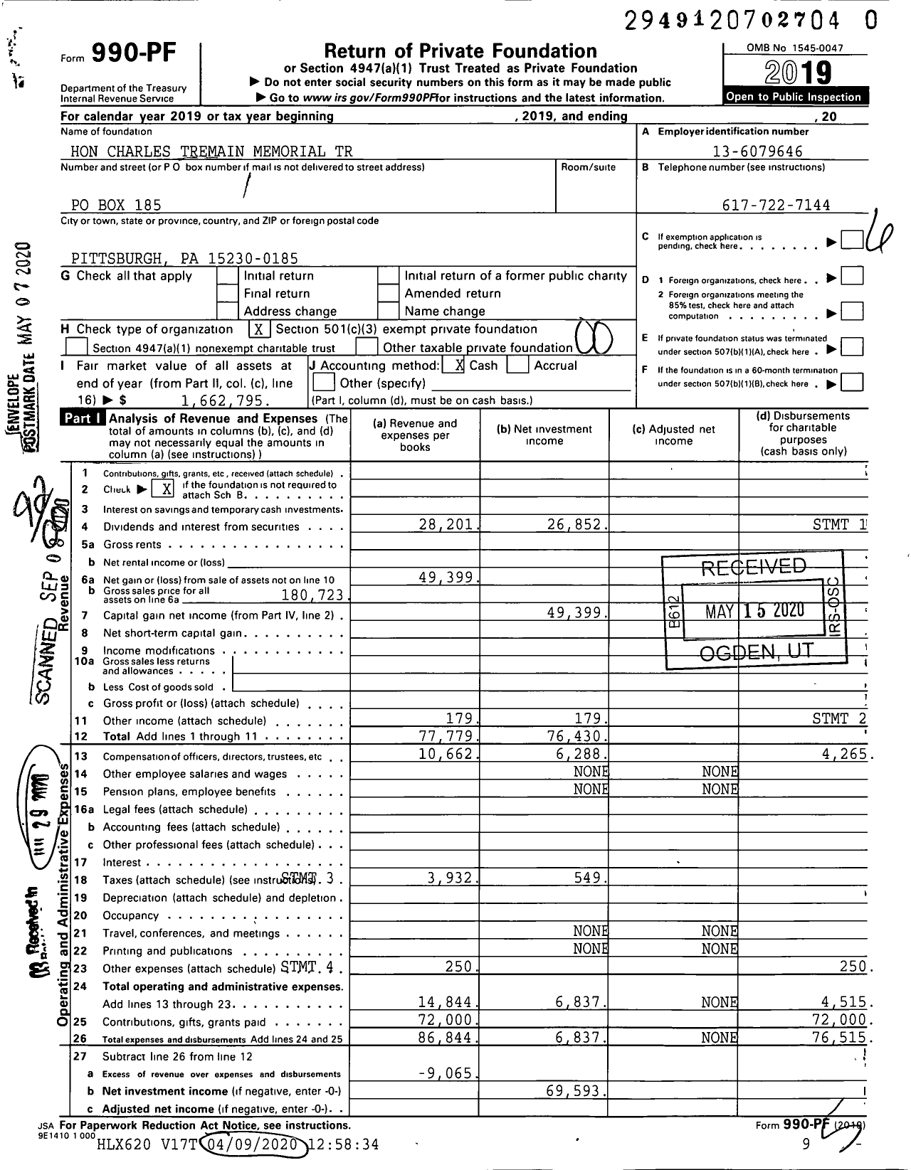 Image of first page of 2019 Form 990PR for Hon Charles Tremain Memorial Trust