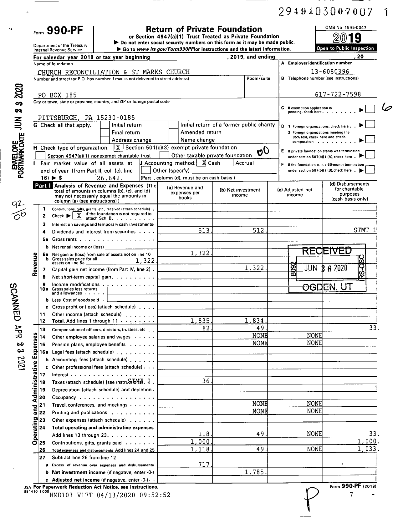 Image of first page of 2019 Form 990PF for Church Reconciliation and St Marks Church