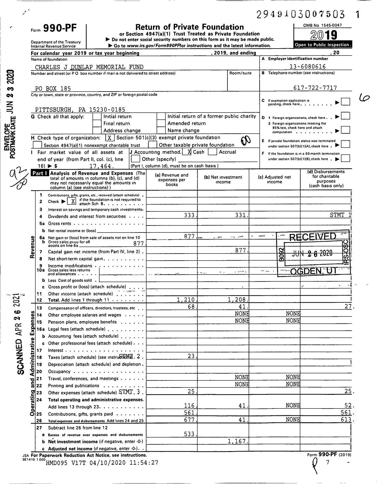 Image of first page of 2019 Form 990PF for Charles J Dunlap Memorial Fund