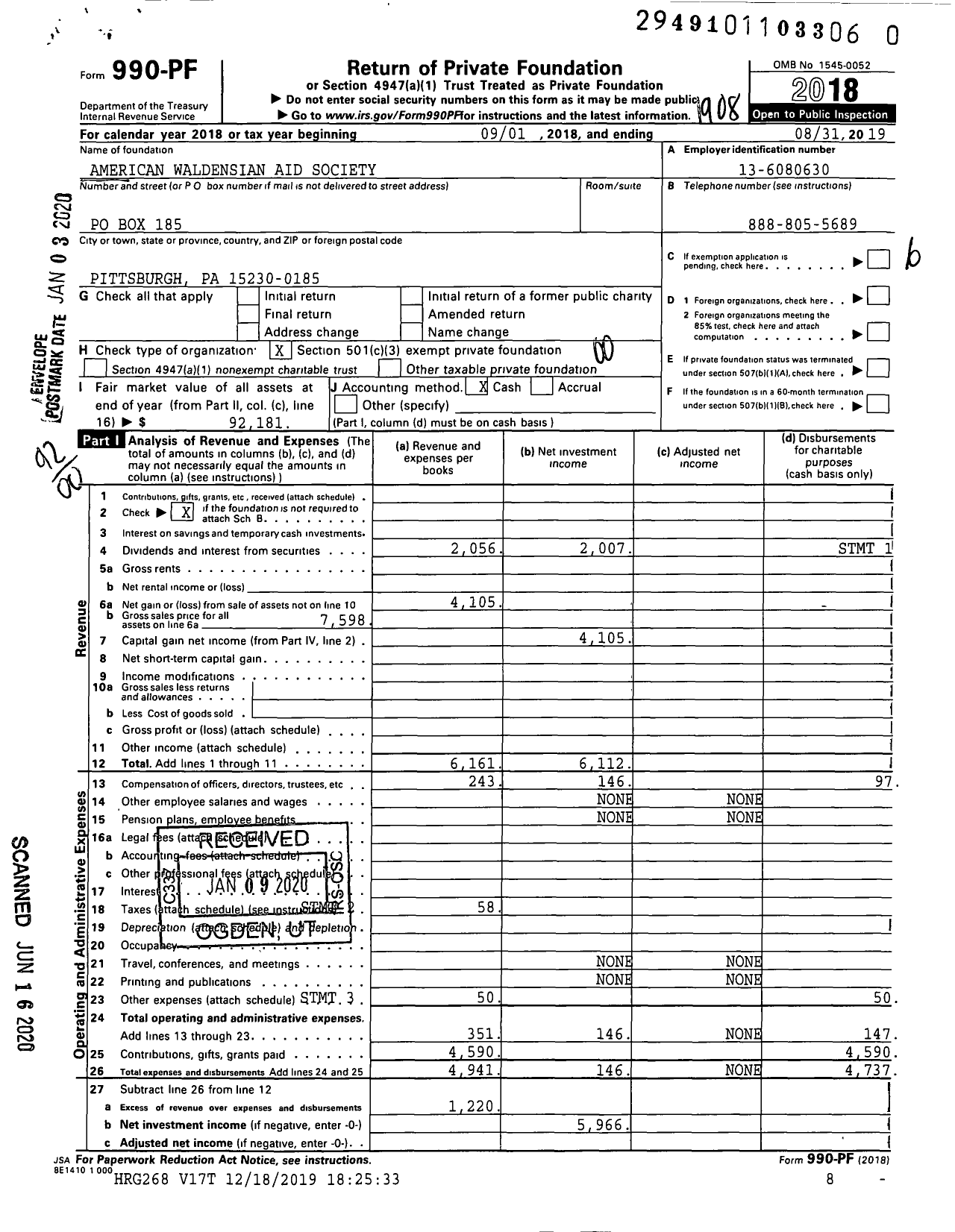 Image of first page of 2018 Form 990PR for American Waldensian Aid Society