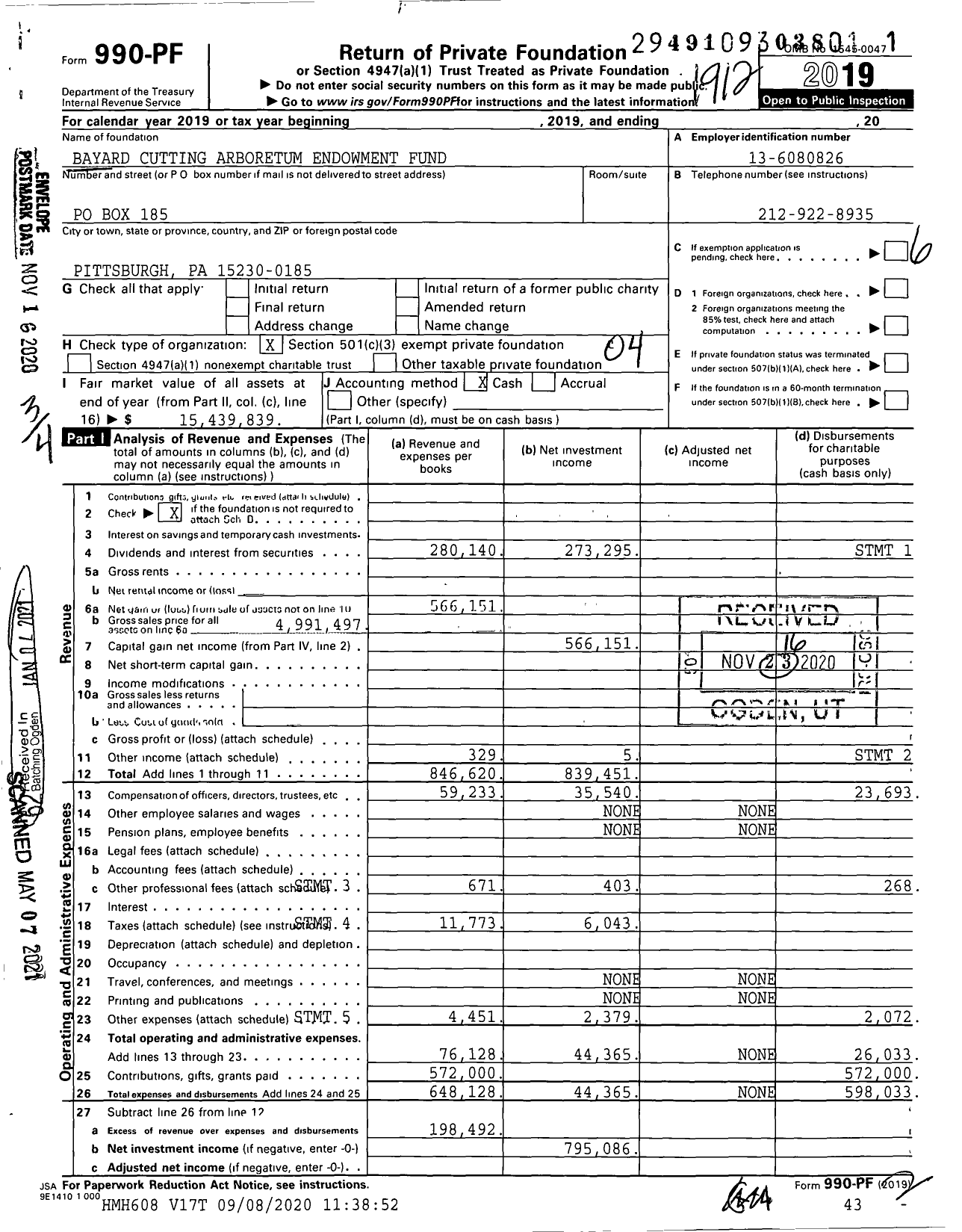 Image of first page of 2019 Form 990PF for Bayard Cutting Arboretum Endowment Fund