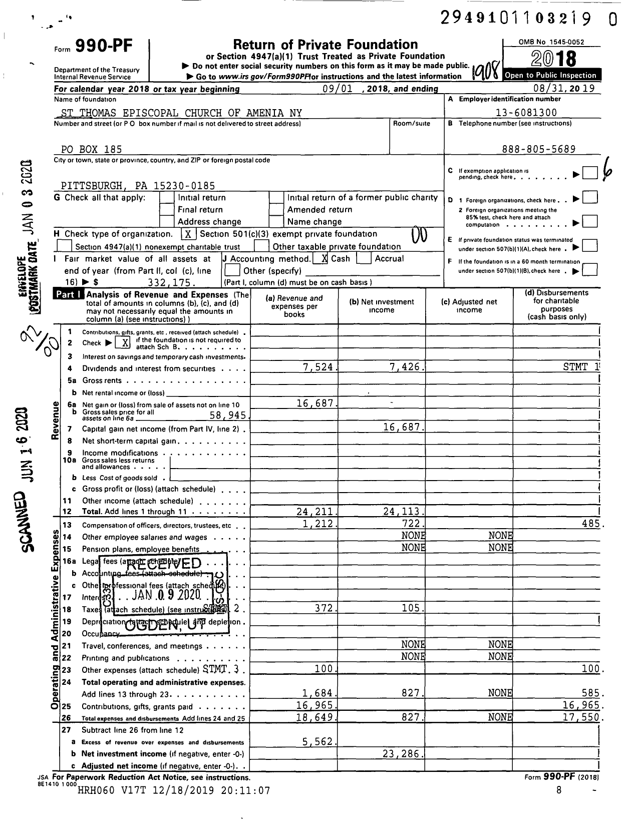 Image of first page of 2018 Form 990PR for St Thomas Episcopal Church of Amenia Ny