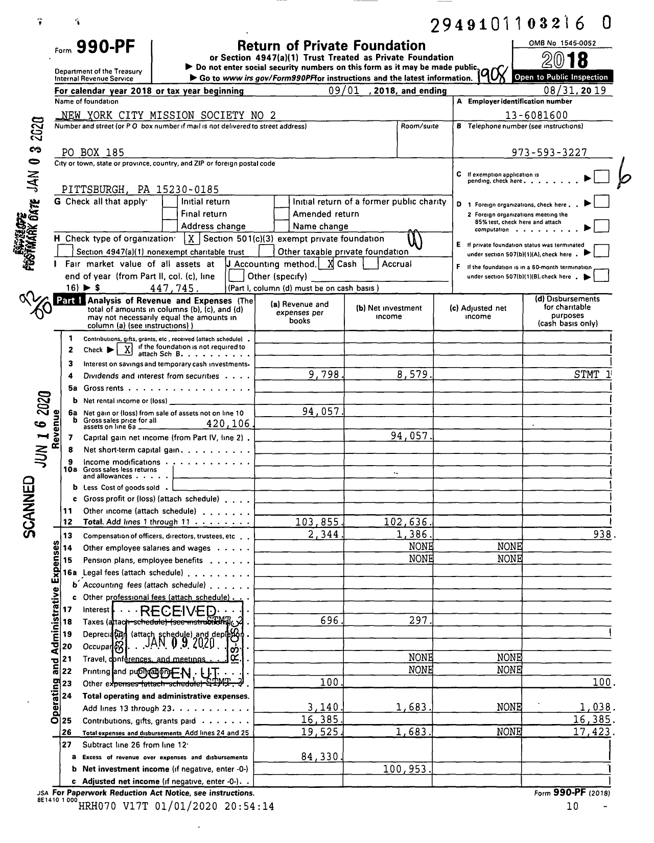 Image of first page of 2018 Form 990PR for New York City Mission Society No 2