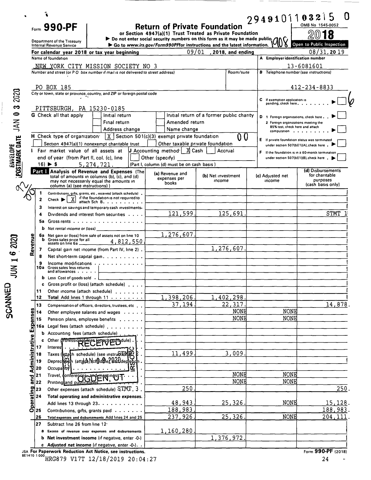 Image of first page of 2018 Form 990PR for New York City Mission Society No 3