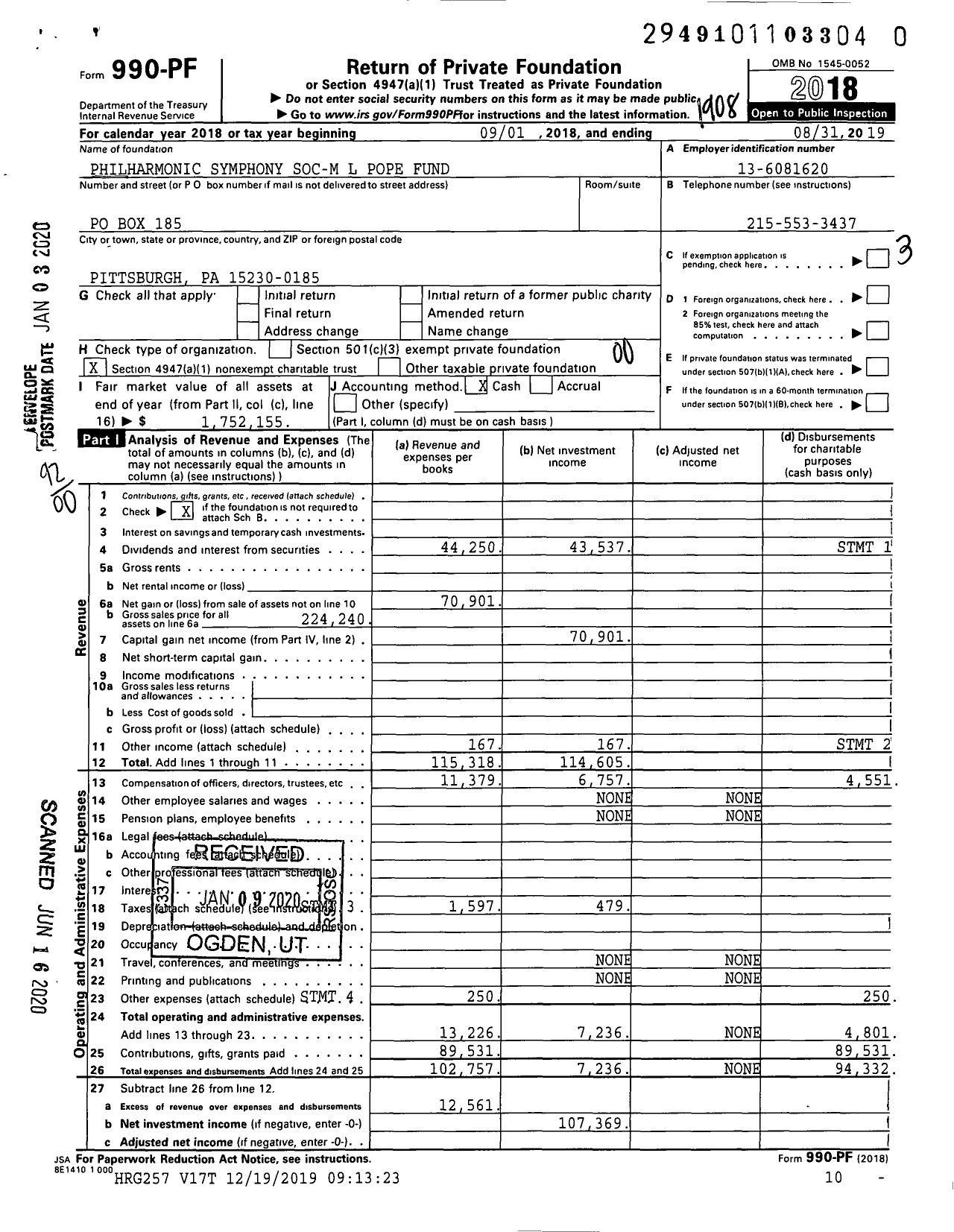 Image of first page of 2018 Form 990PR for Philharmonic Symphony Soc-M L Pope Fund