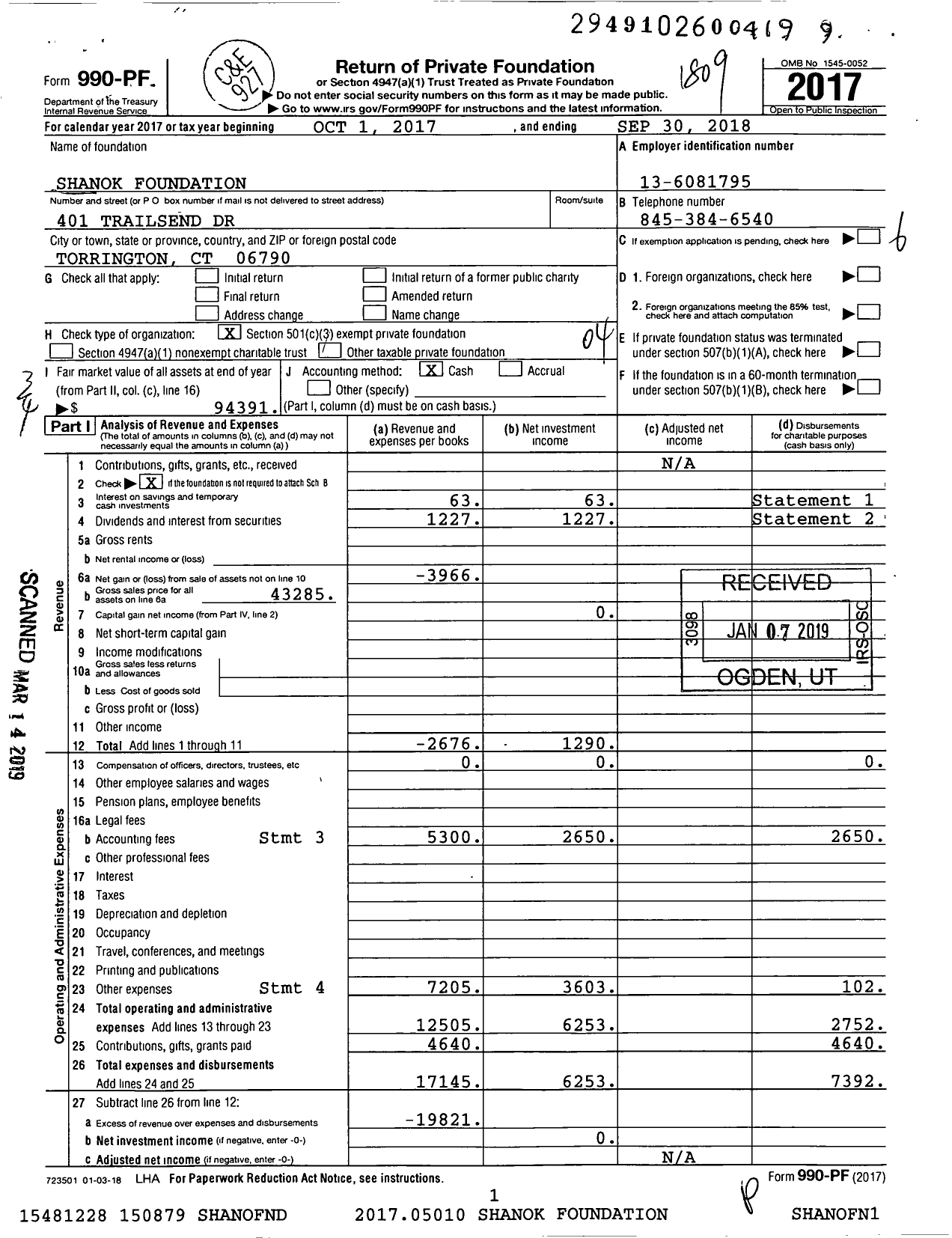 Image of first page of 2017 Form 990PF for Shanok Foundation