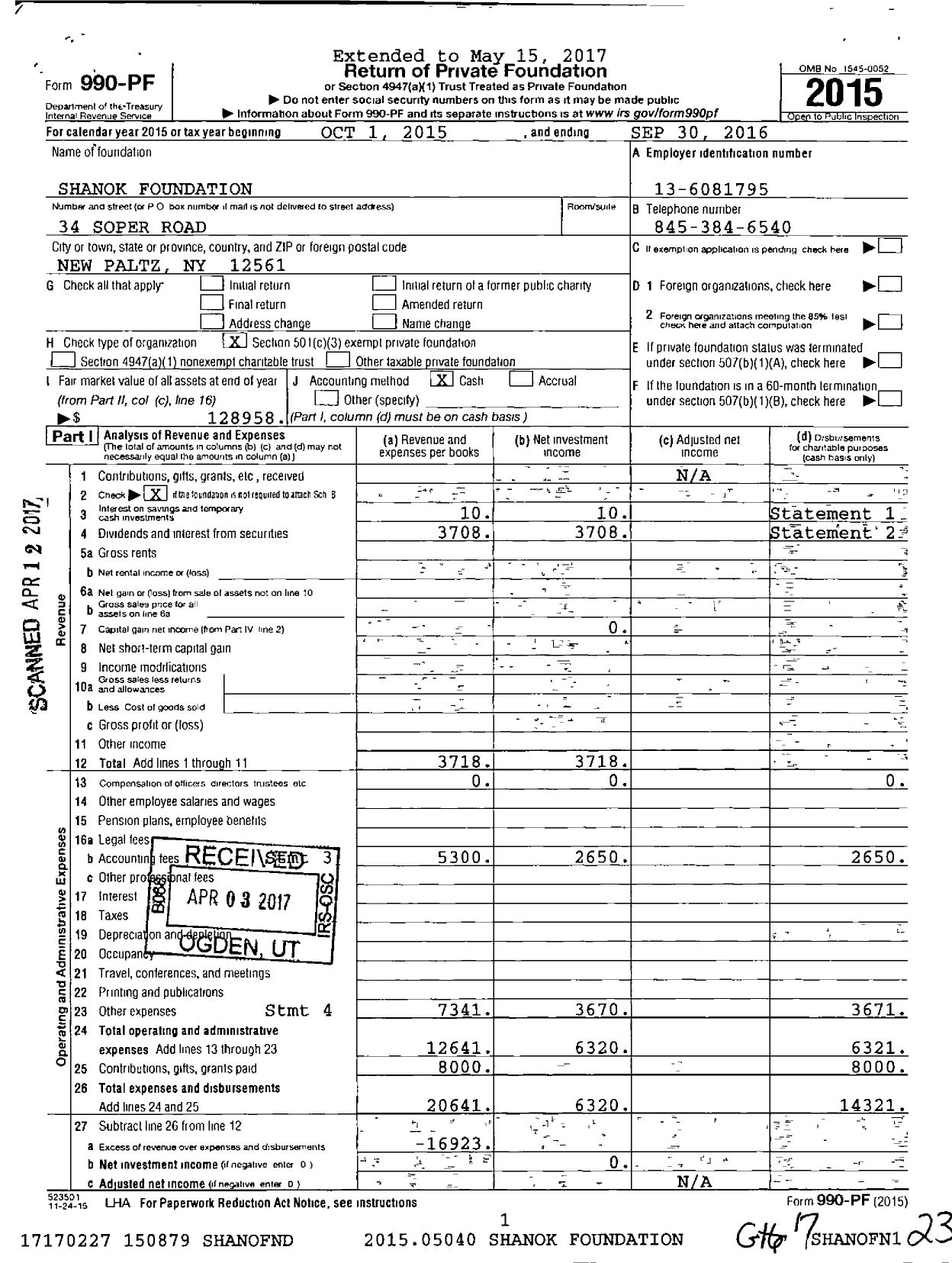 Image of first page of 2015 Form 990PF for Shanok Foundation