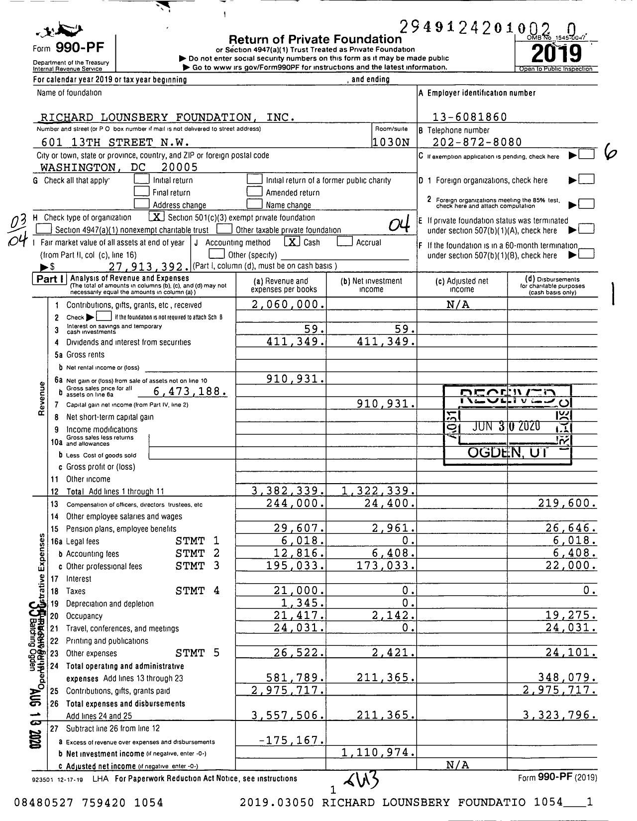 Image of first page of 2019 Form 990PR for Richard Lounsbery Foundatio