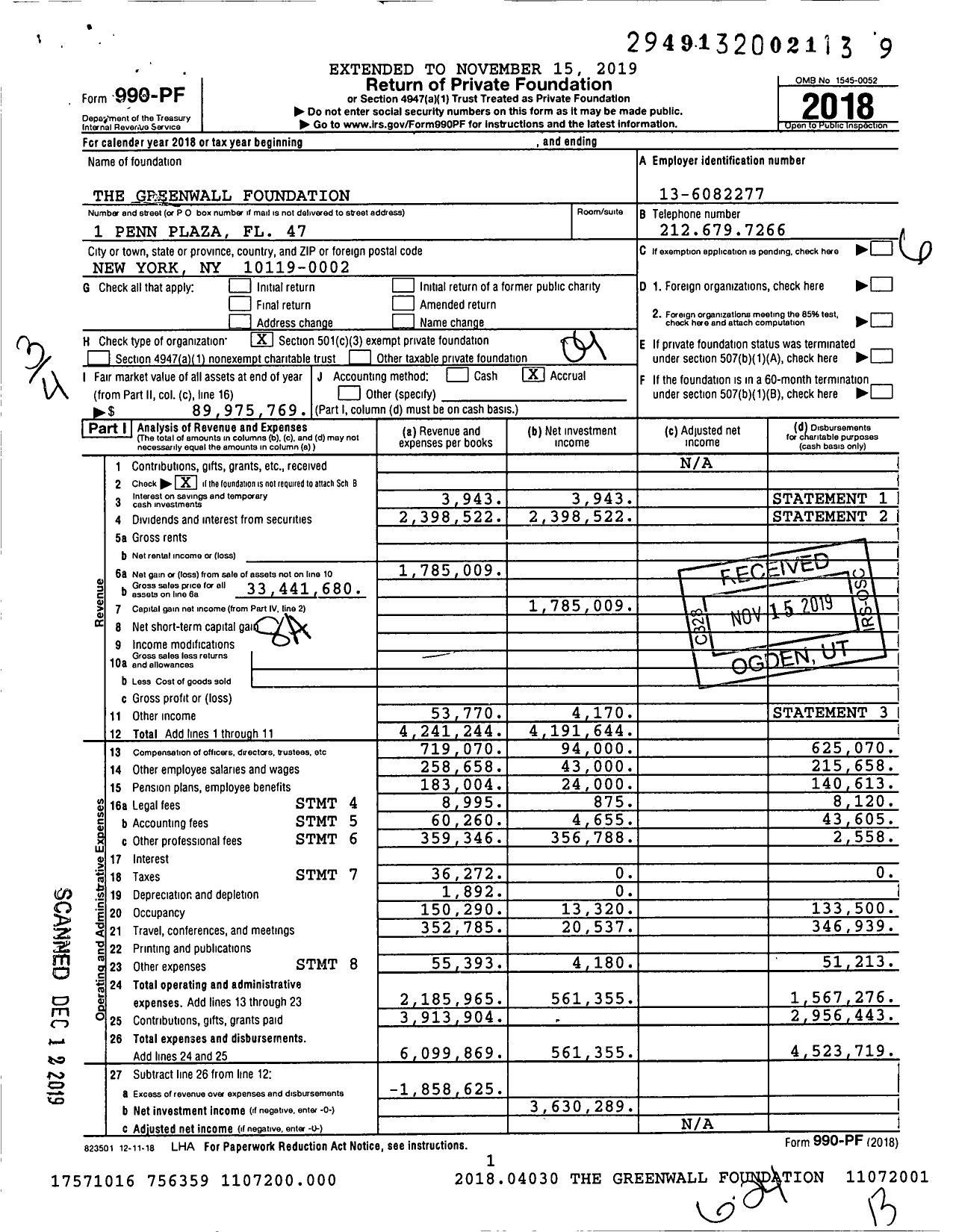 Image of first page of 2018 Form 990PF for The Greenwall Foundation