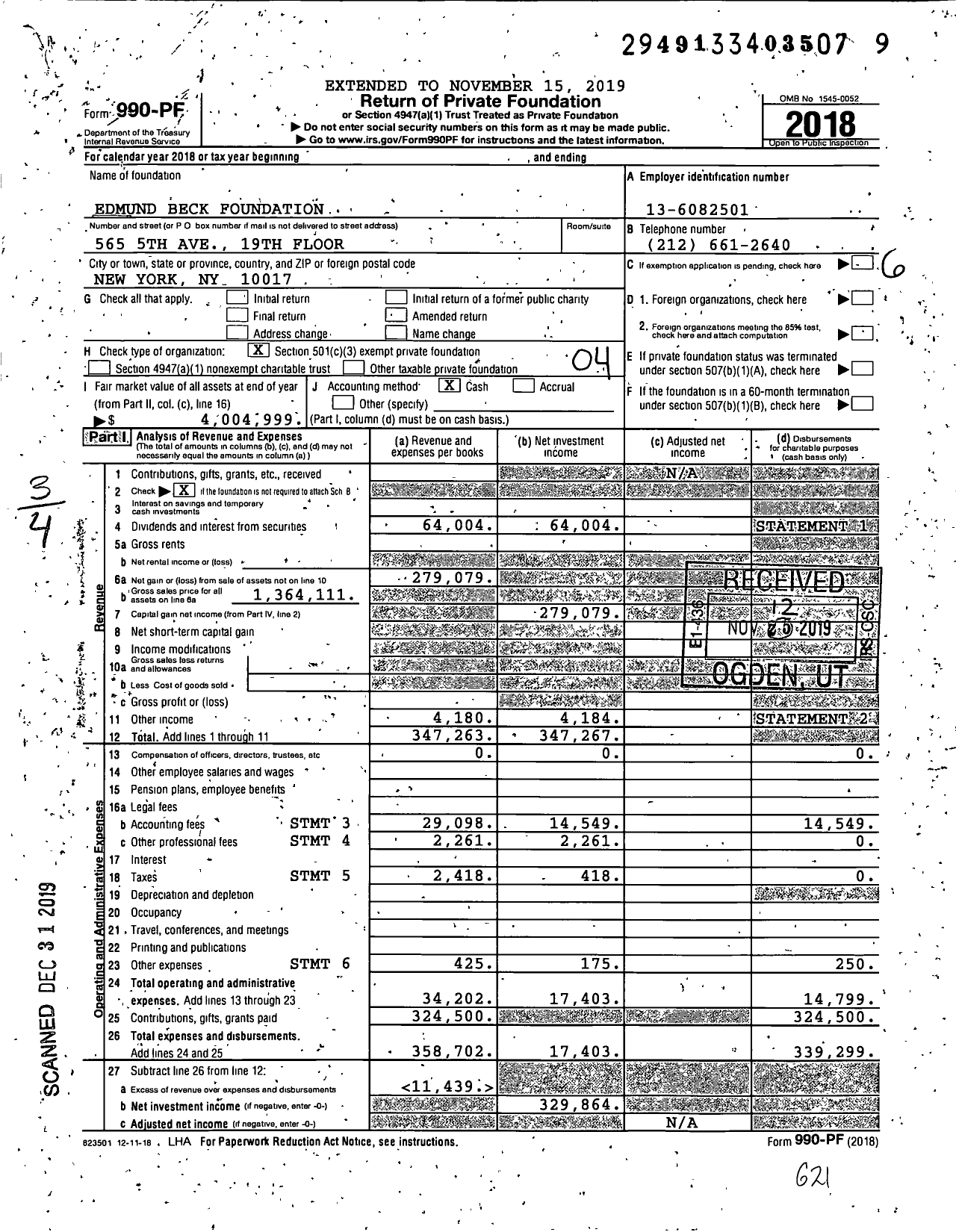 Image of first page of 2018 Form 990PF for Edmund Beck Foundation