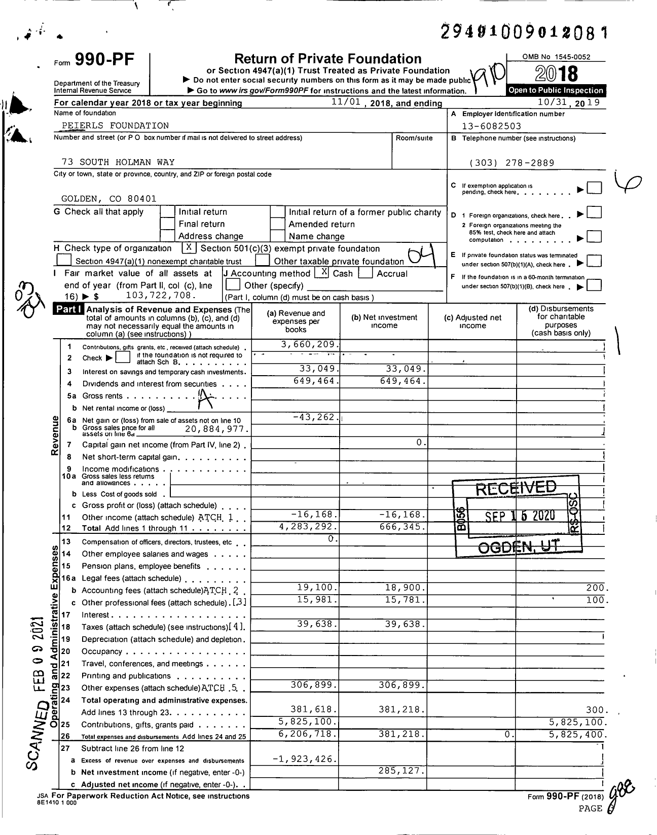 Image of first page of 2018 Form 990PF for Peierls Foundation