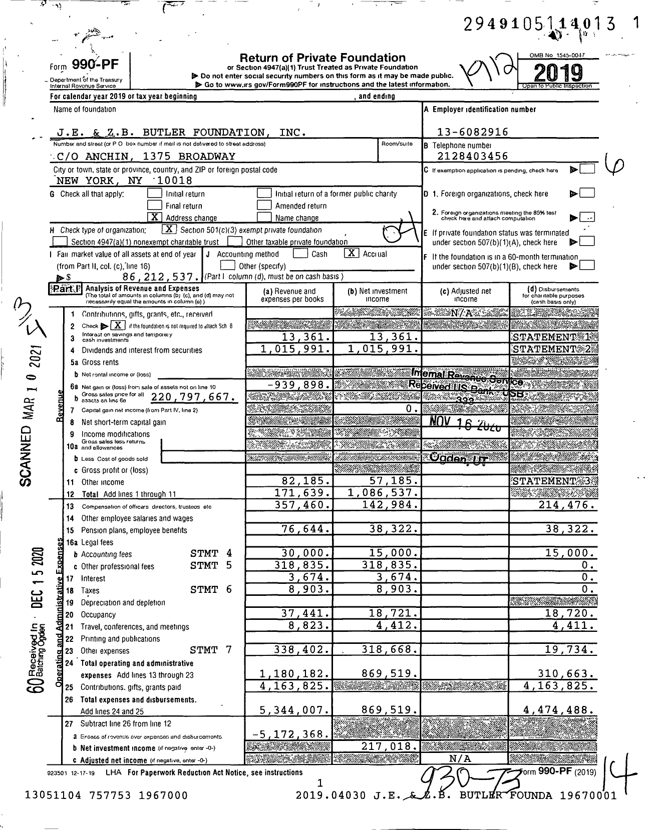 Image of first page of 2019 Form 990PF for JE and ZB Butler Foundation