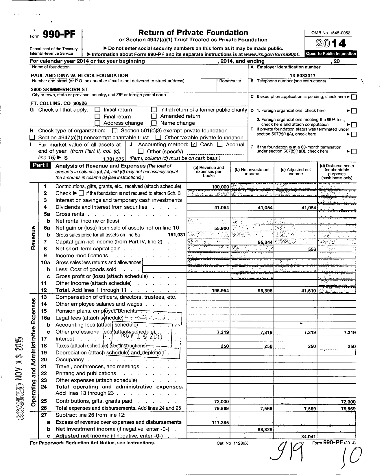 Image of first page of 2014 Form 990PF for Paul and Dina W Block Foundation