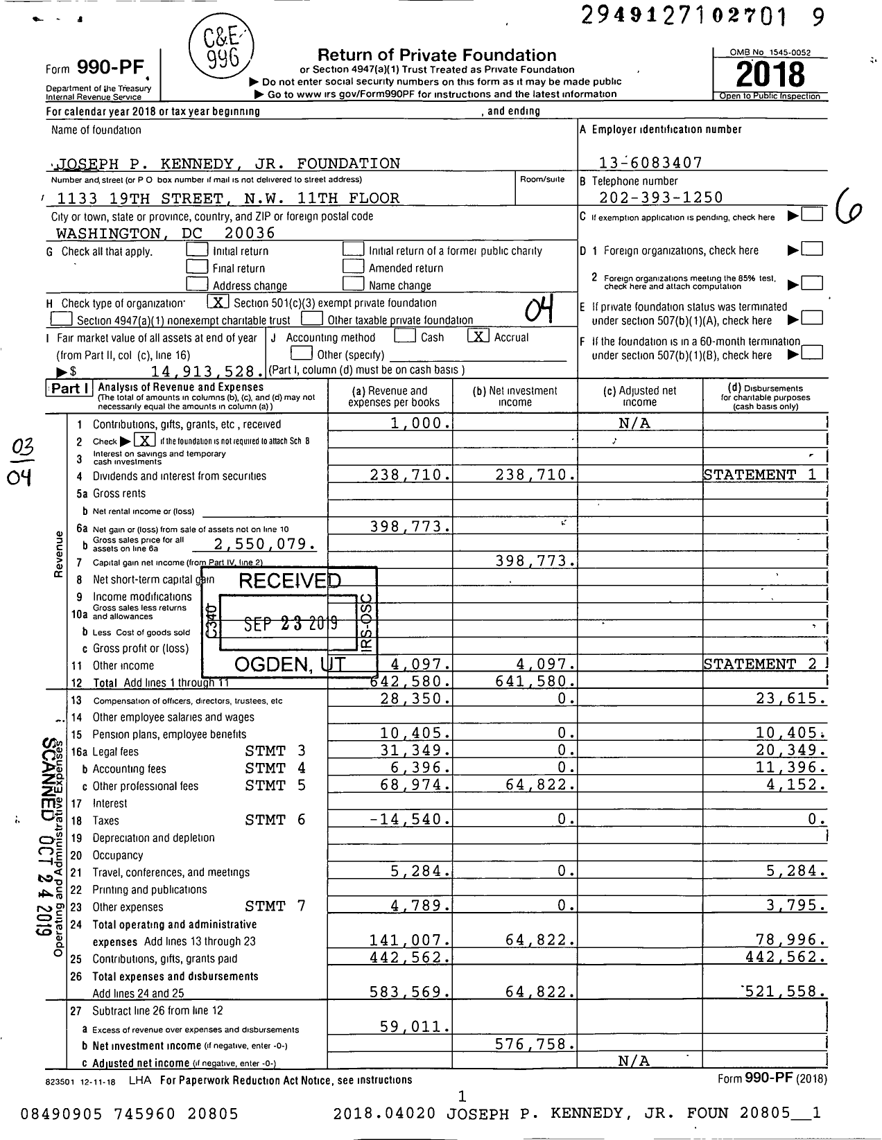 Image of first page of 2018 Form 990PF for Joseph P Kennedy Jr Foundation