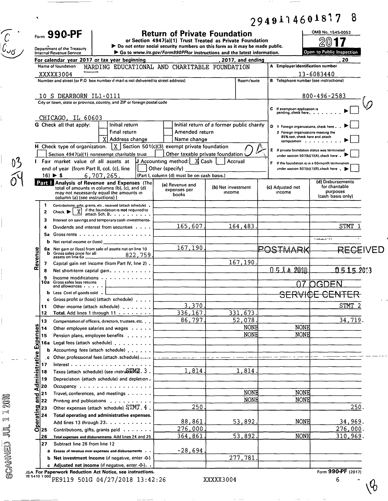 Image of first page of 2017 Form 990PF for Harding Educational and Charitable Foundation