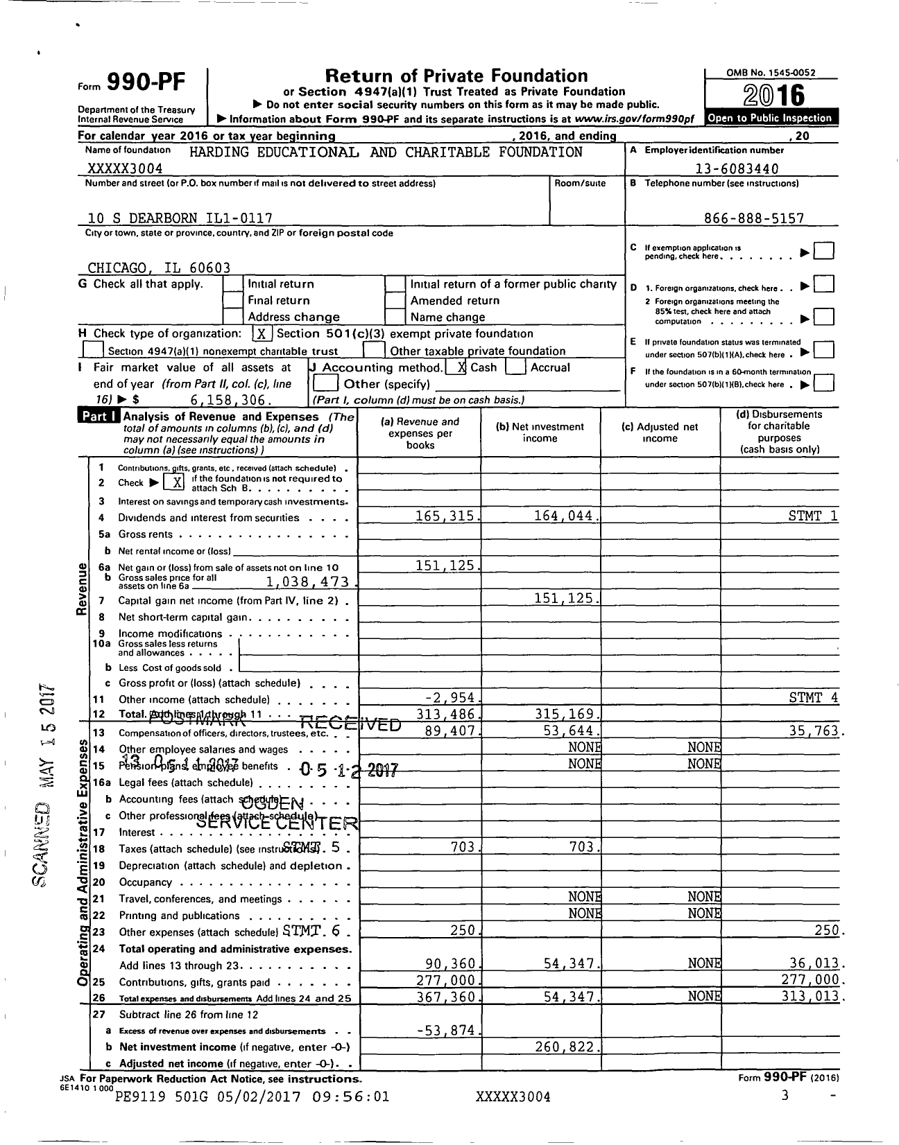 Image of first page of 2016 Form 990PF for Harding Educational and Charitable Foundation