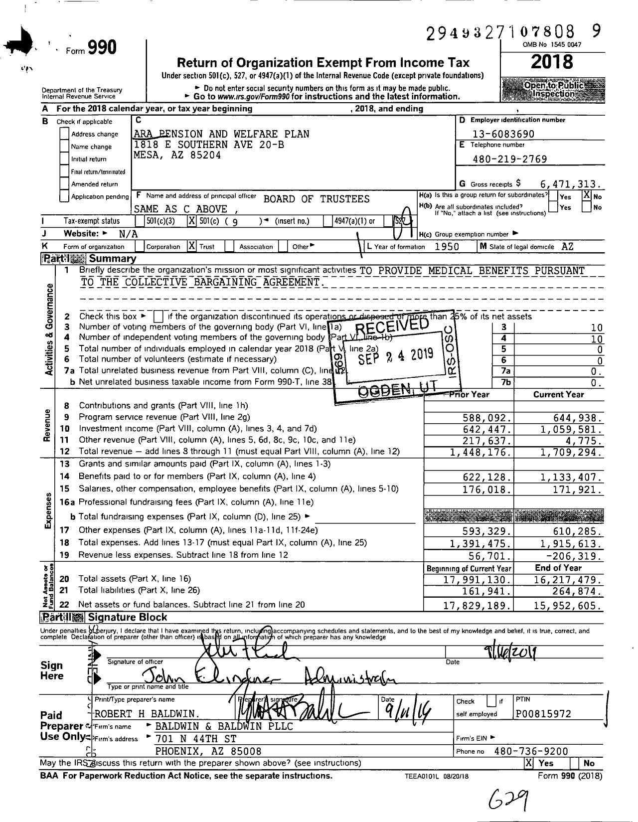 Image of first page of 2018 Form 990O for ARA Pension and Welfare Plan