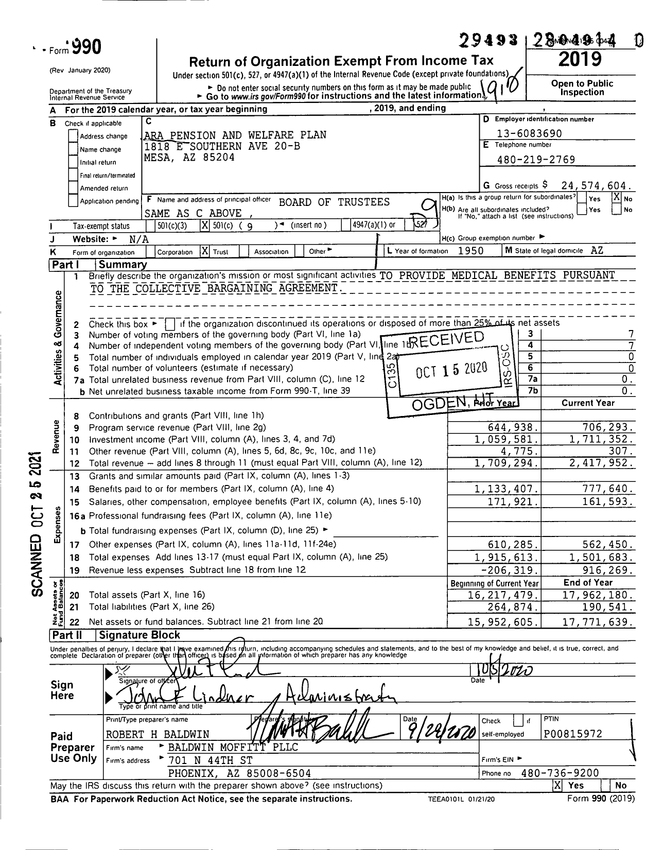 Image of first page of 2019 Form 990O for ARA Pension and Welfare Plan