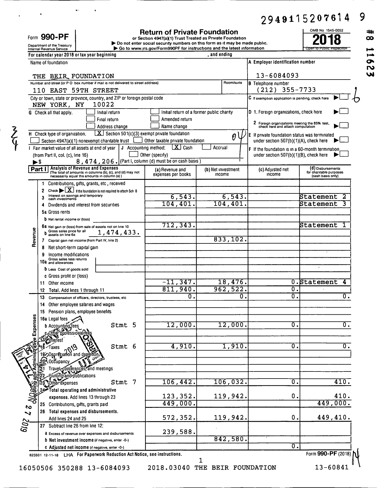 Image of first page of 2018 Form 990PF for The Beir Foundation