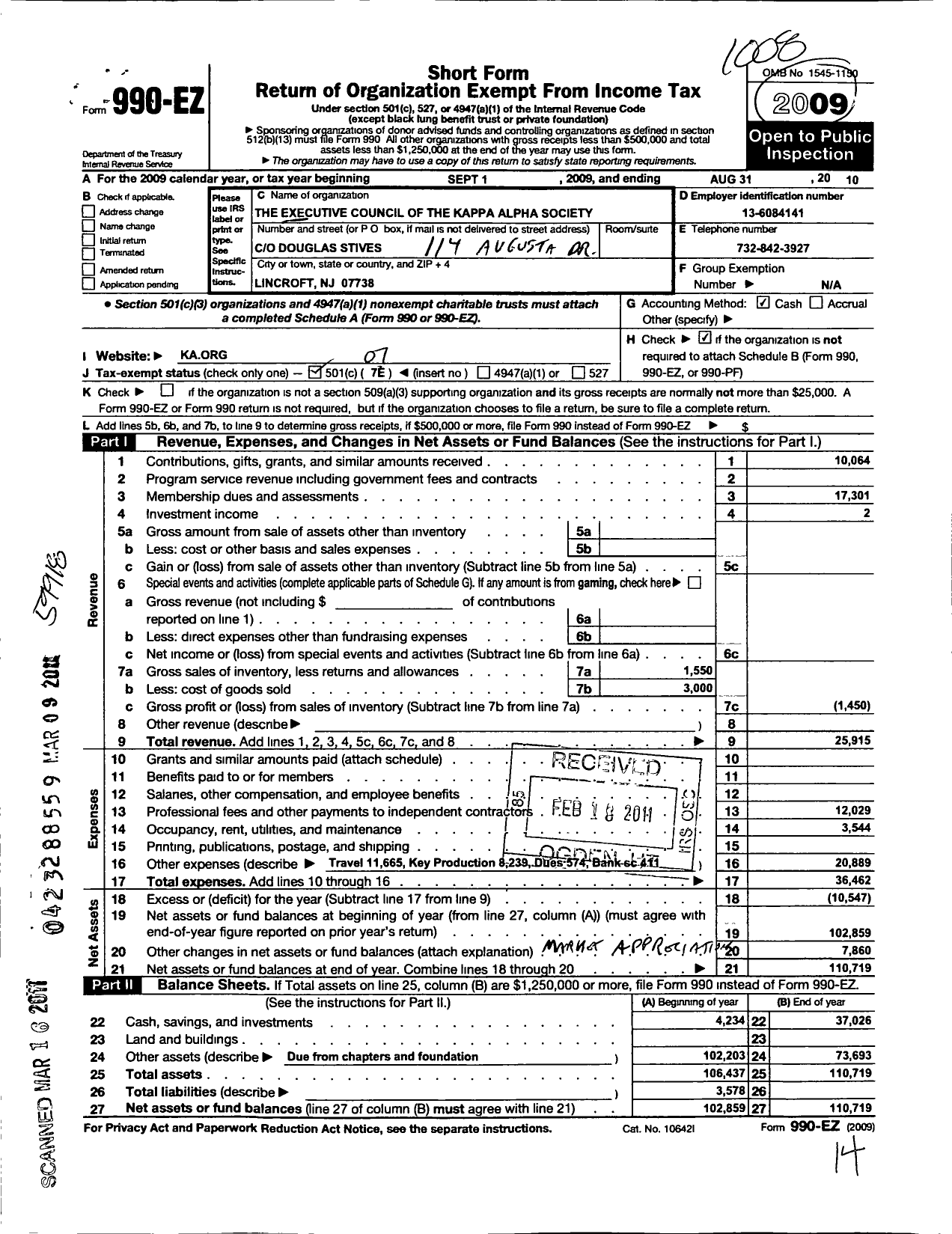 Image of first page of 2009 Form 990EO for The Executive Council of the Kappa Alpha Society