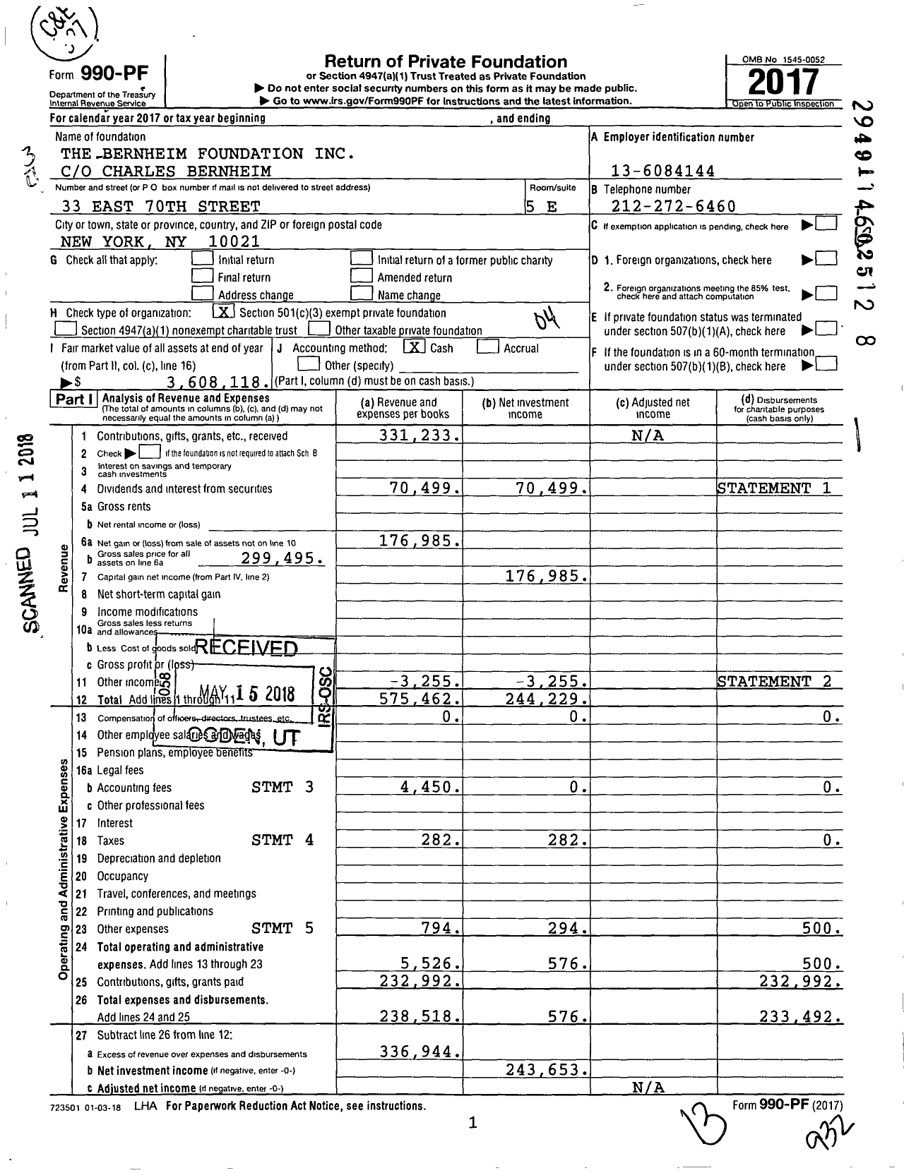 Image of first page of 2017 Form 990PF for The Bernheim Foundation