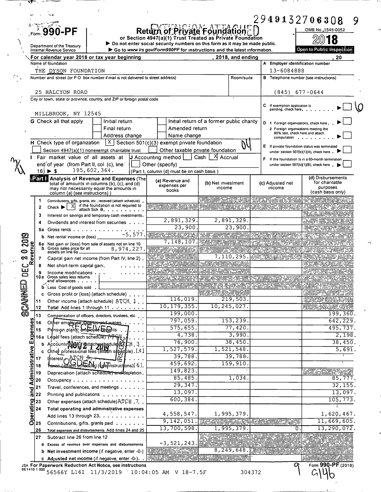 Image of first page of 2018 Form 990PF for Dyson Foundation