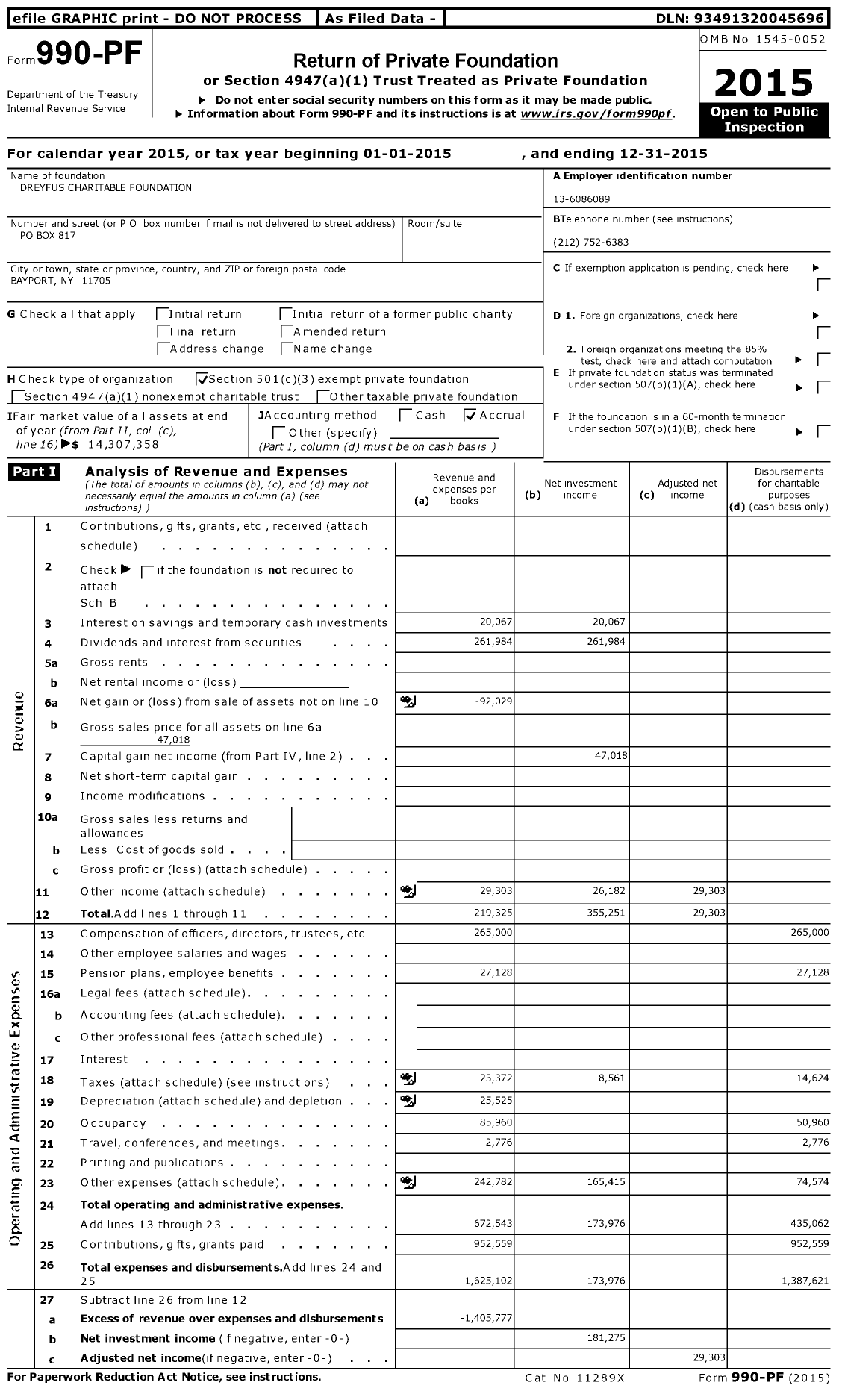 Image of first page of 2015 Form 990PF for Dreyfus Charitable Foundation
