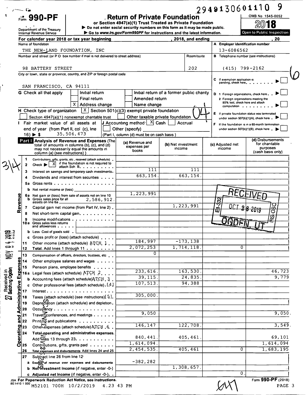 Image of first page of 2018 Form 990PF for The New-Land Foundation