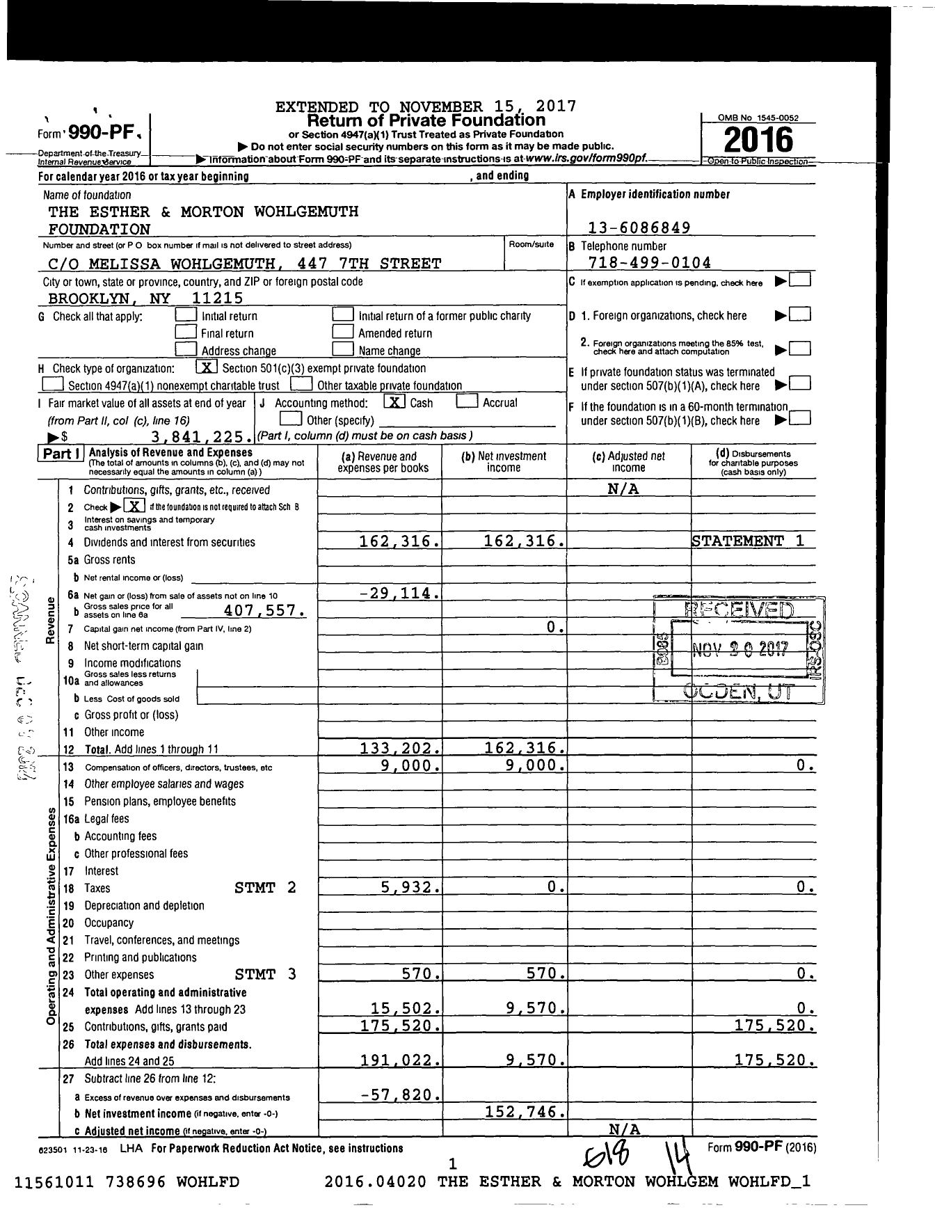 Image of first page of 2016 Form 990PF for The Esther and Morton Wohlgemuth Foundation