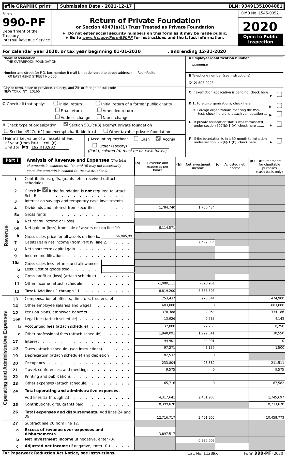 Image of first page of 2020 Form 990PF for The Overbrook Foundation