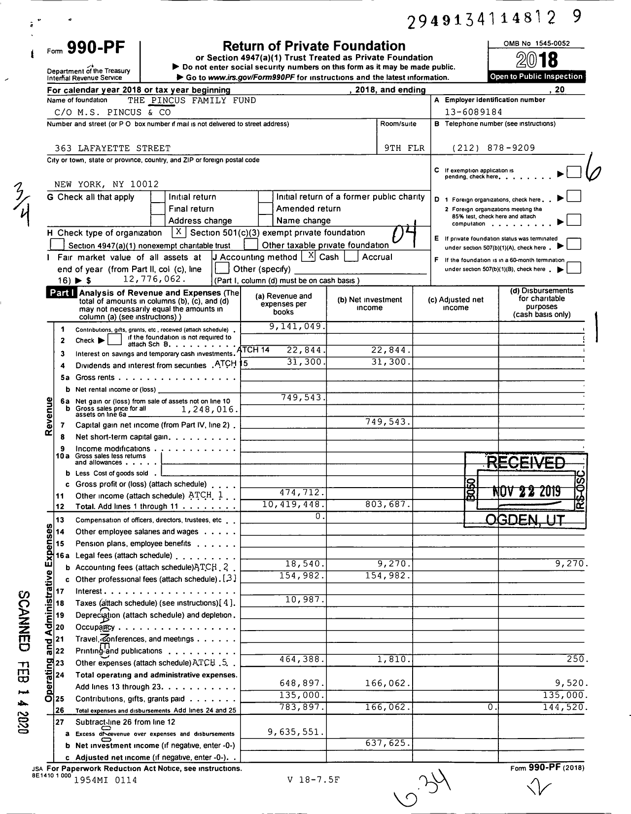 Image of first page of 2018 Form 990PF for Pincus Family Fund