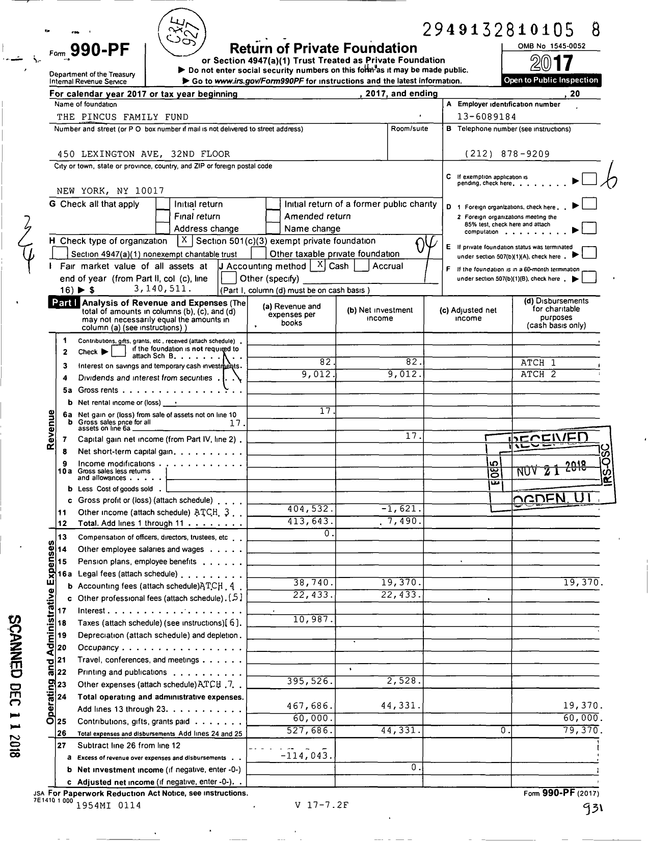 Image of first page of 2017 Form 990PF for Pincus Family Fund