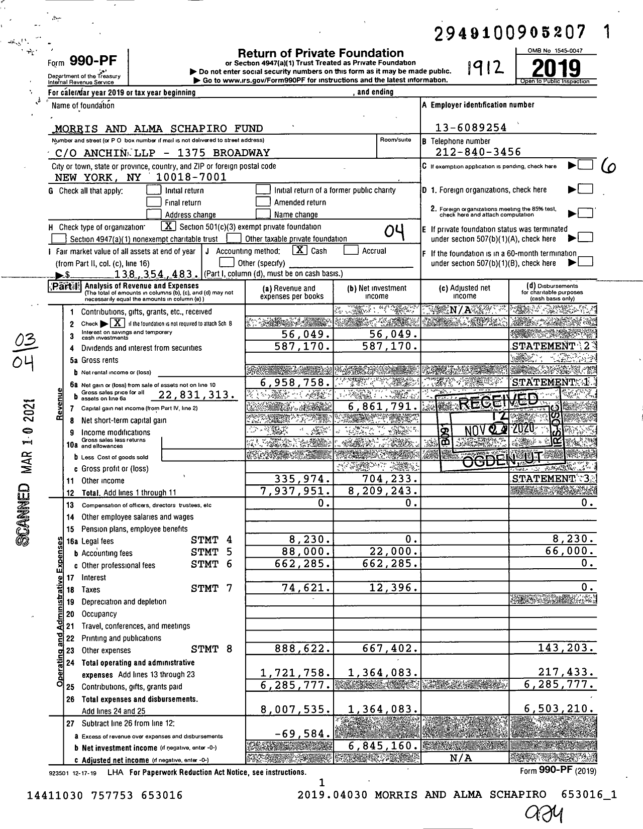 Image of first page of 2019 Form 990PF for Morris and Alma Schapiro Fund