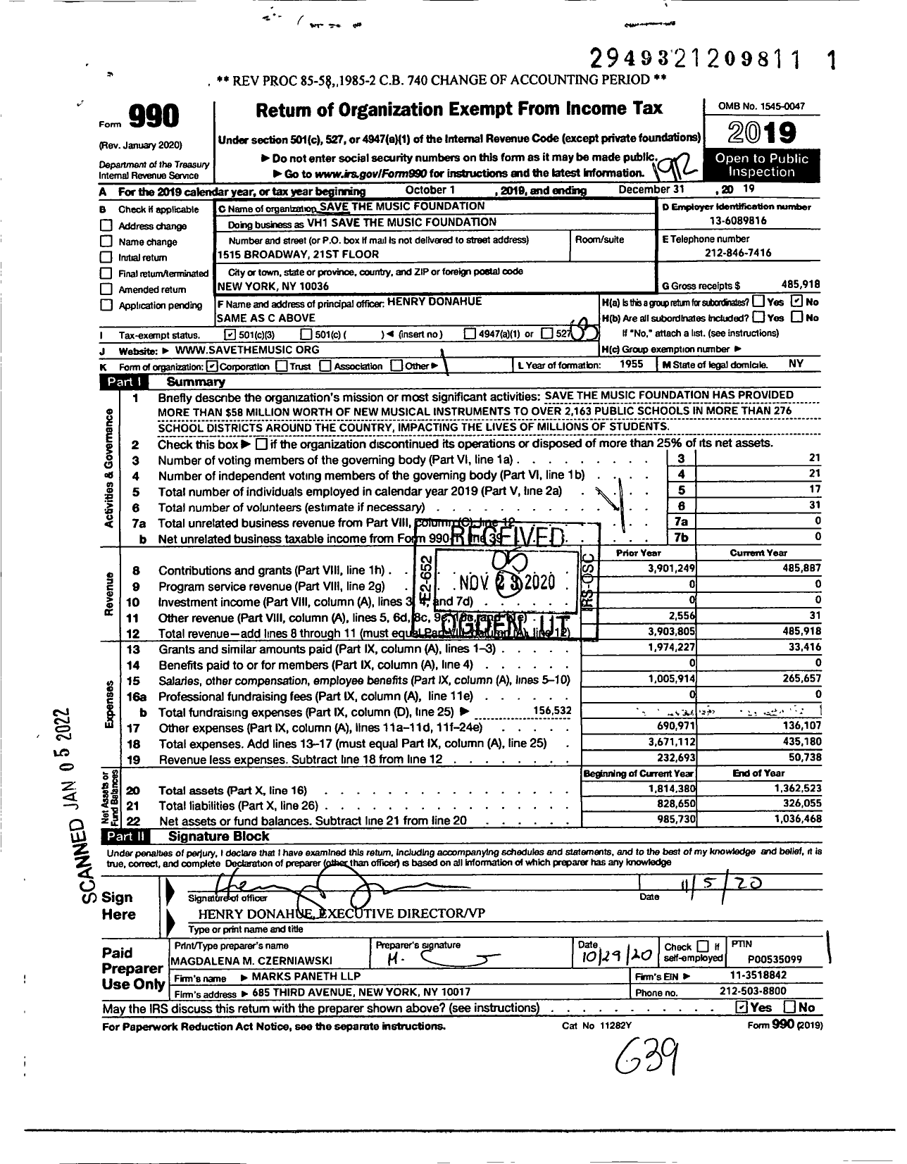 Image of first page of 2019 Form 990 for VH1 Save The Music Foundation