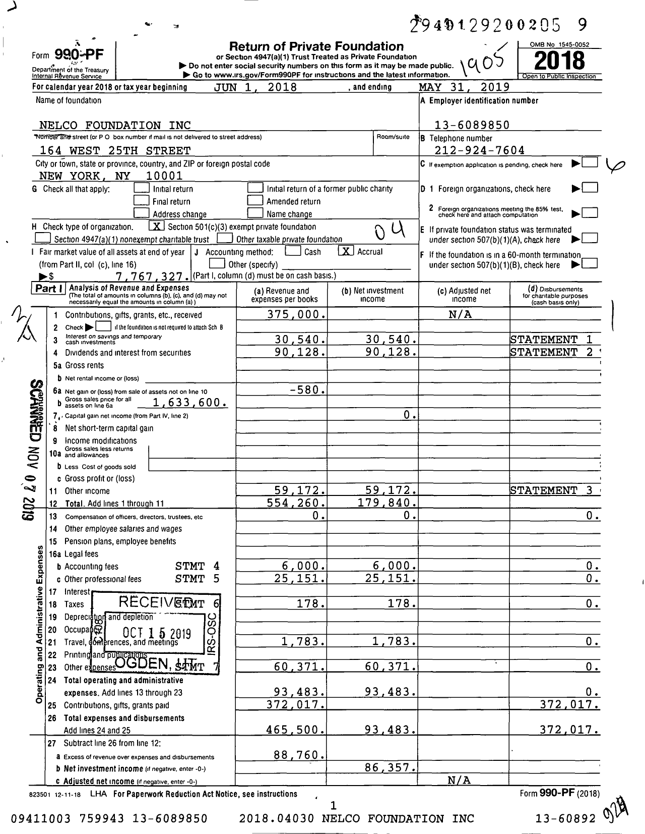 Image of first page of 2018 Form 990PF for Nelco Foundation