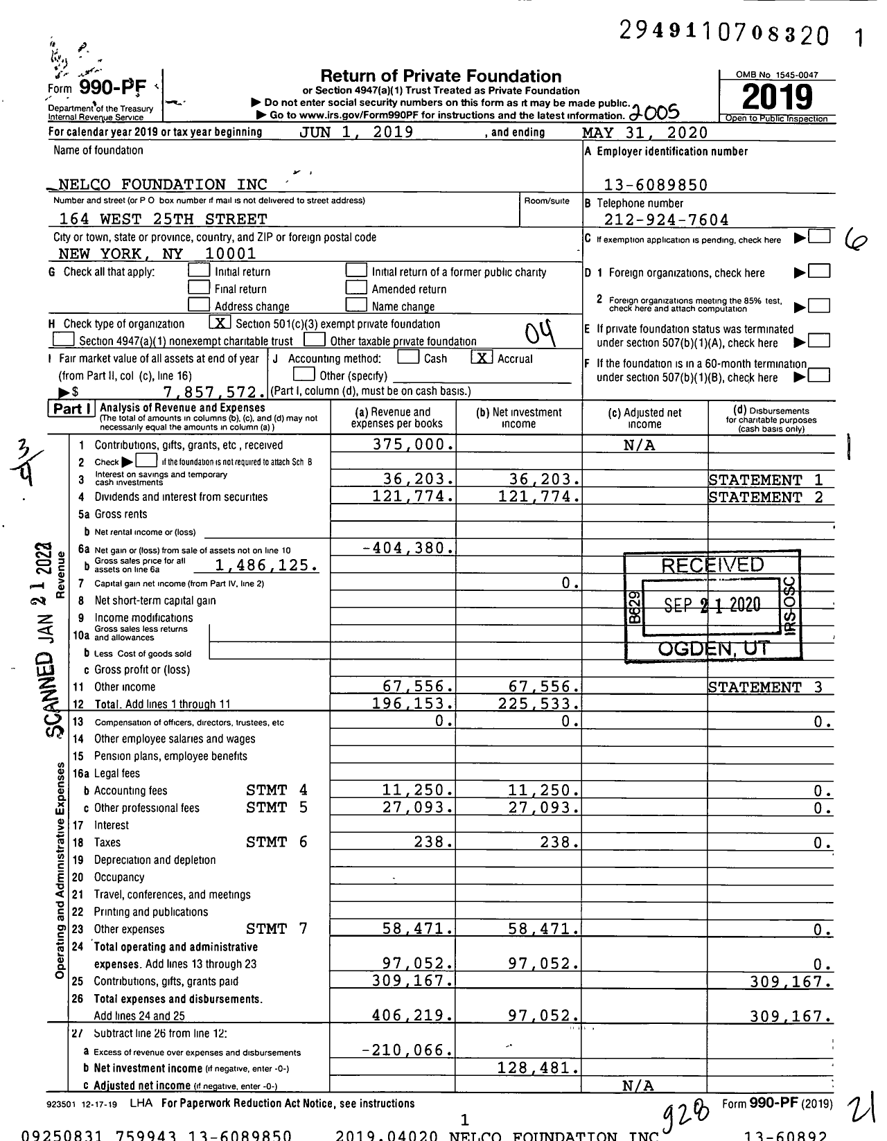 Image of first page of 2019 Form 990PF for Nelco Foundation