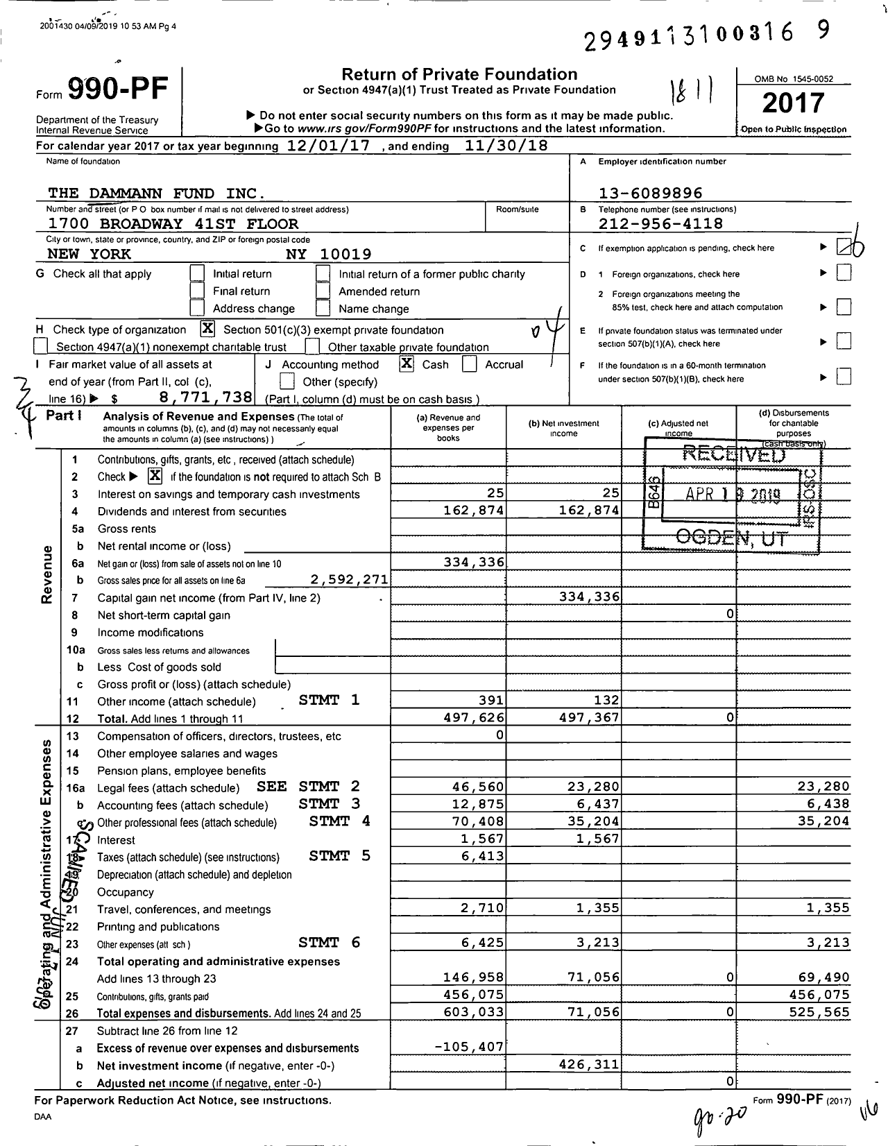 Image of first page of 2017 Form 990PF for The Dammann Fund