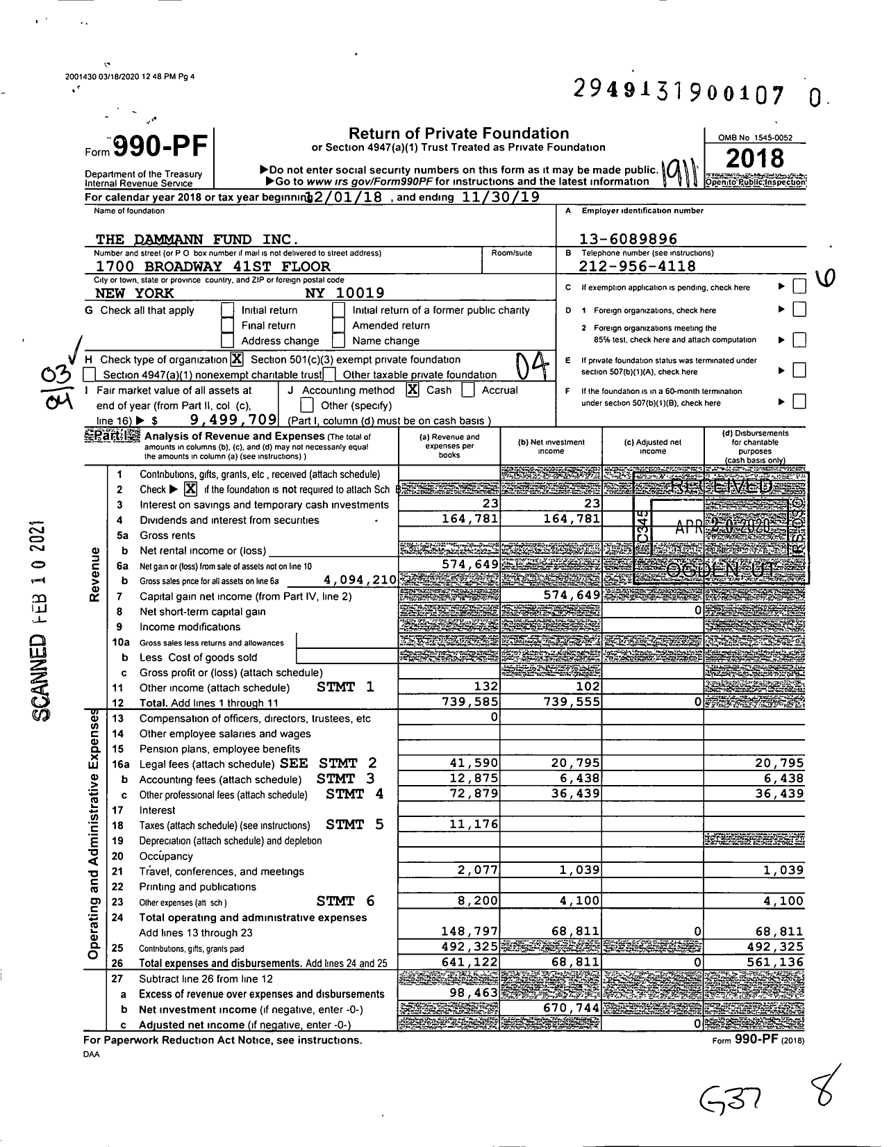 Image of first page of 2018 Form 990PF for The Dammann Fund