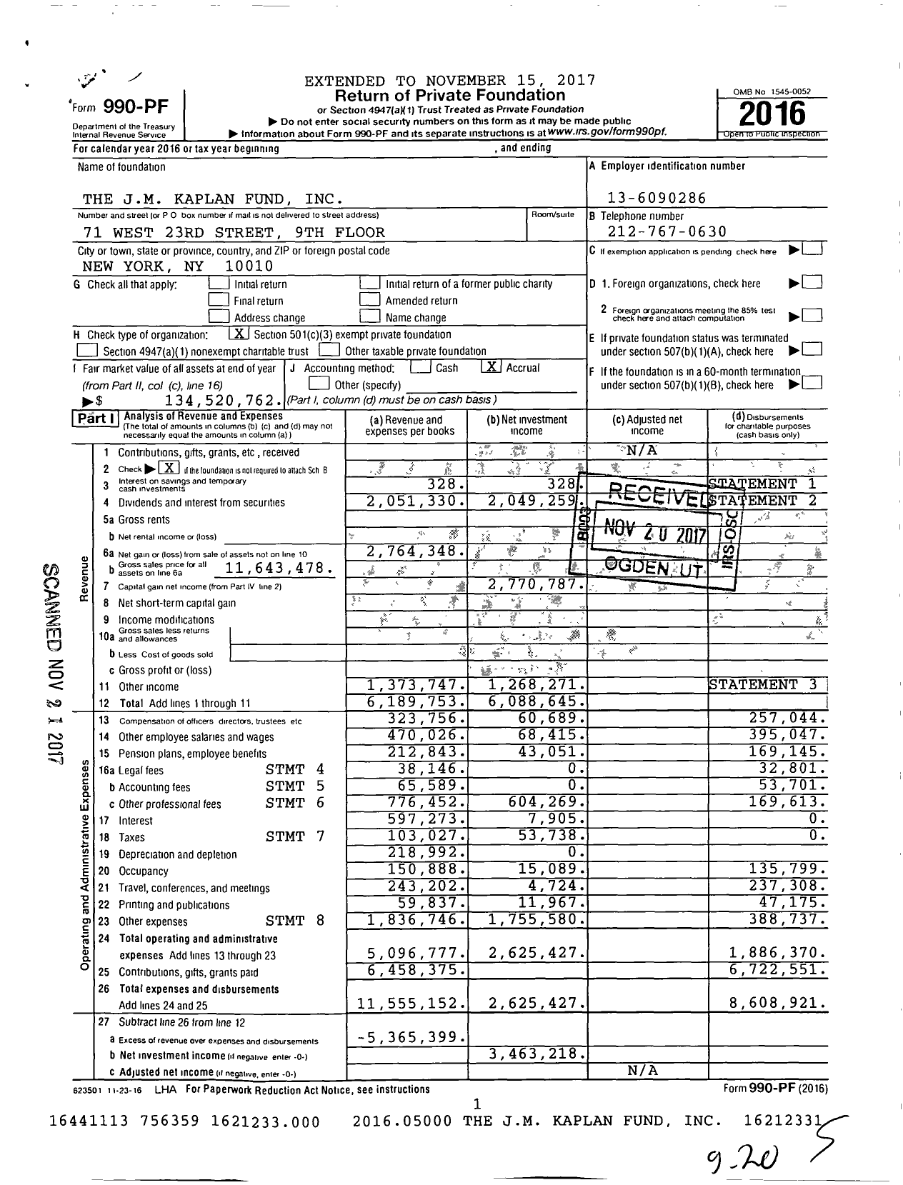 Image of first page of 2016 Form 990PF for J M Kaplan Fund