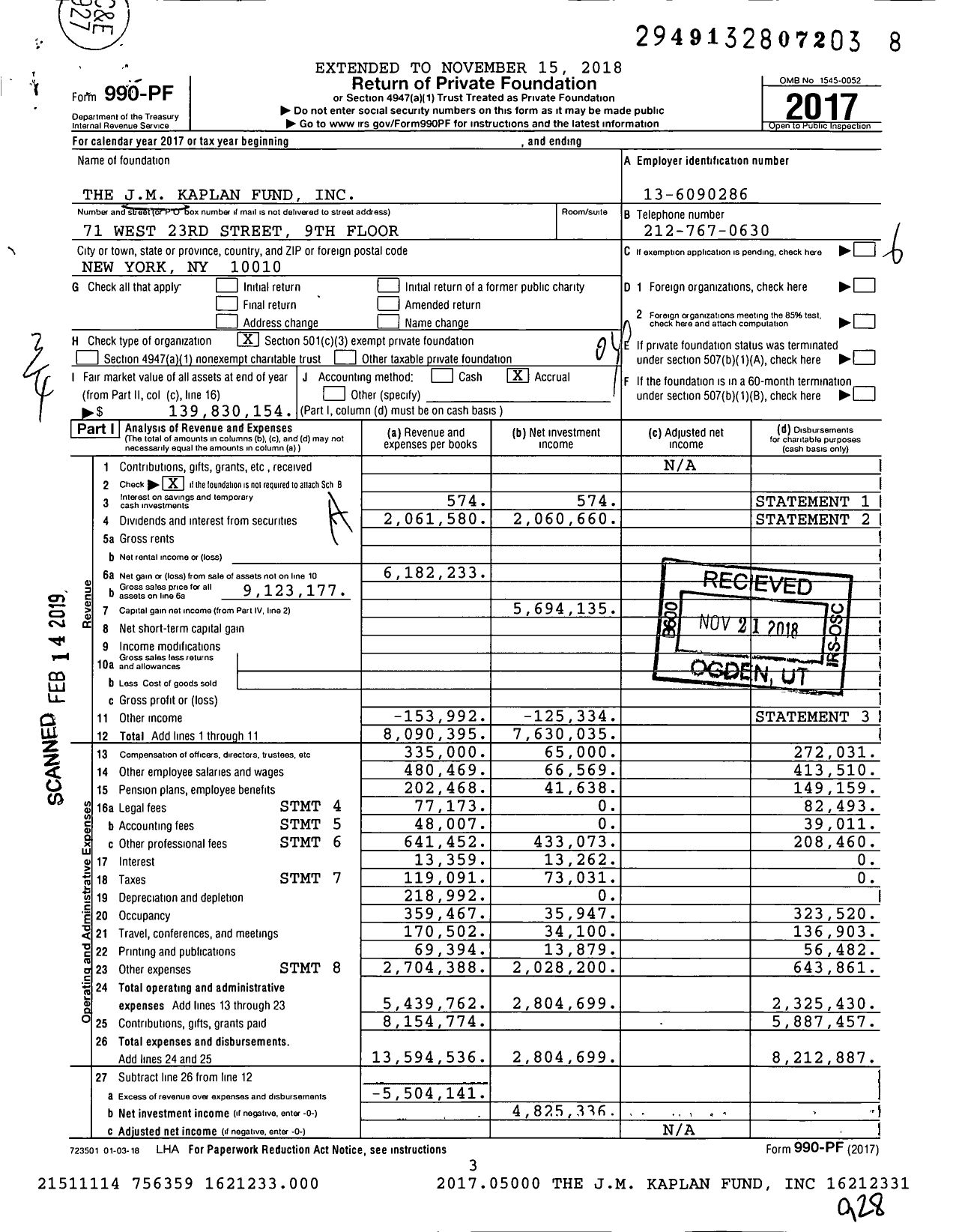 Image of first page of 2017 Form 990PF for J M Kaplan Fund