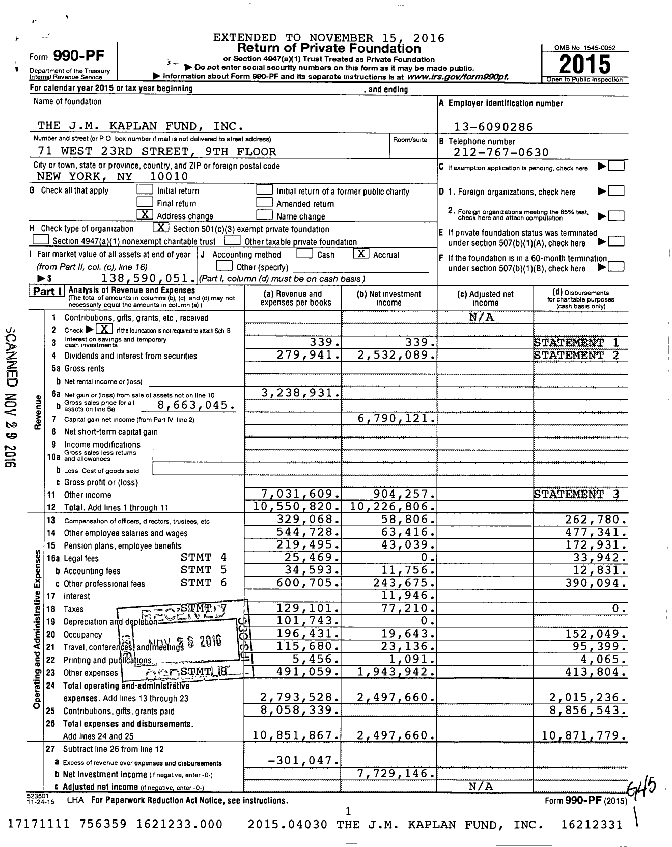 Image of first page of 2015 Form 990PF for J M Kaplan Fund