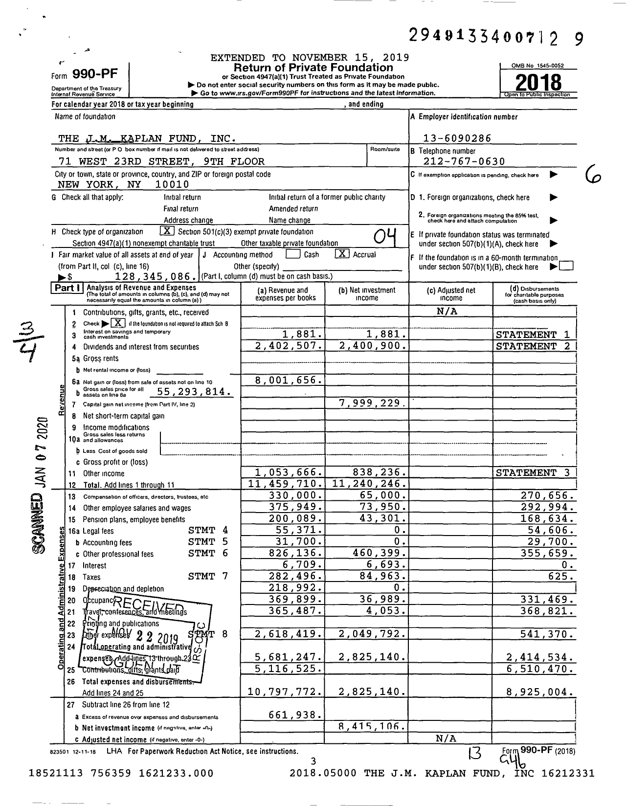 Image of first page of 2018 Form 990PF for J M Kaplan Fund
