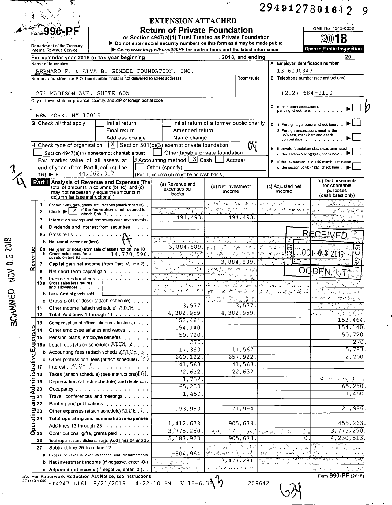 Image of first page of 2018 Form 990PF for Bernard F and Alva B Gimbel Foundation